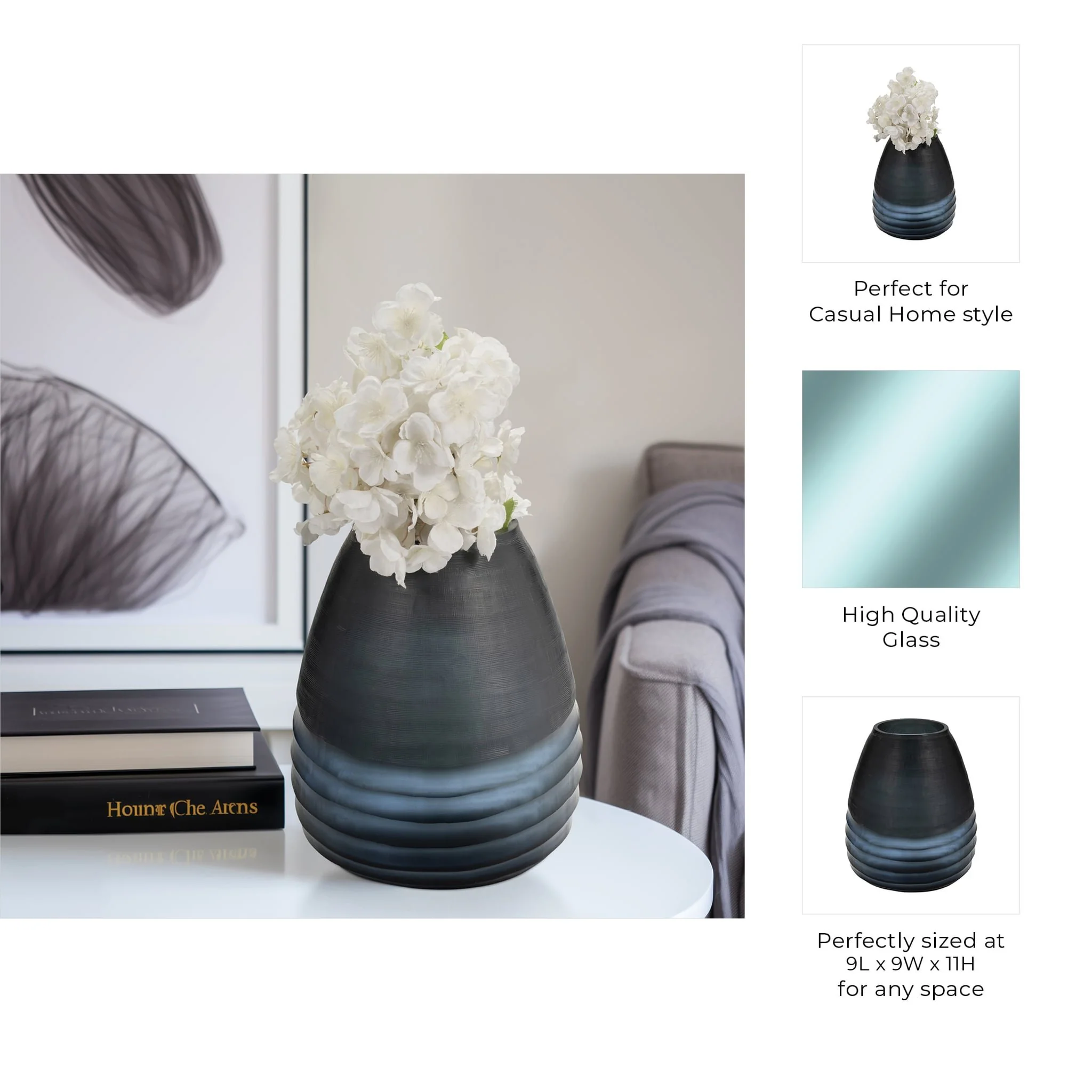 Glass, 11" Etched Vase, Blue - Image 9
