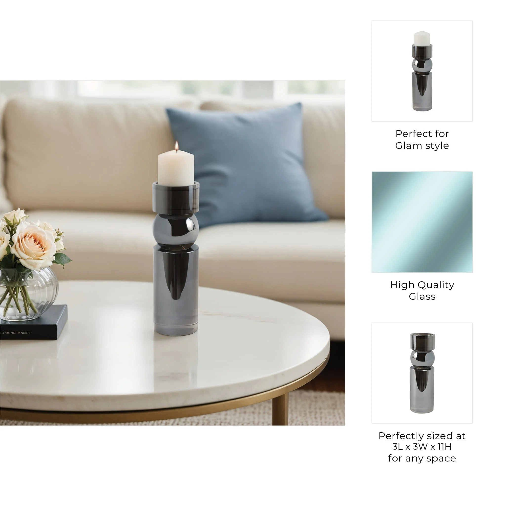 Glass 11"h Pillar Candle Holder, Smoke - Image 9