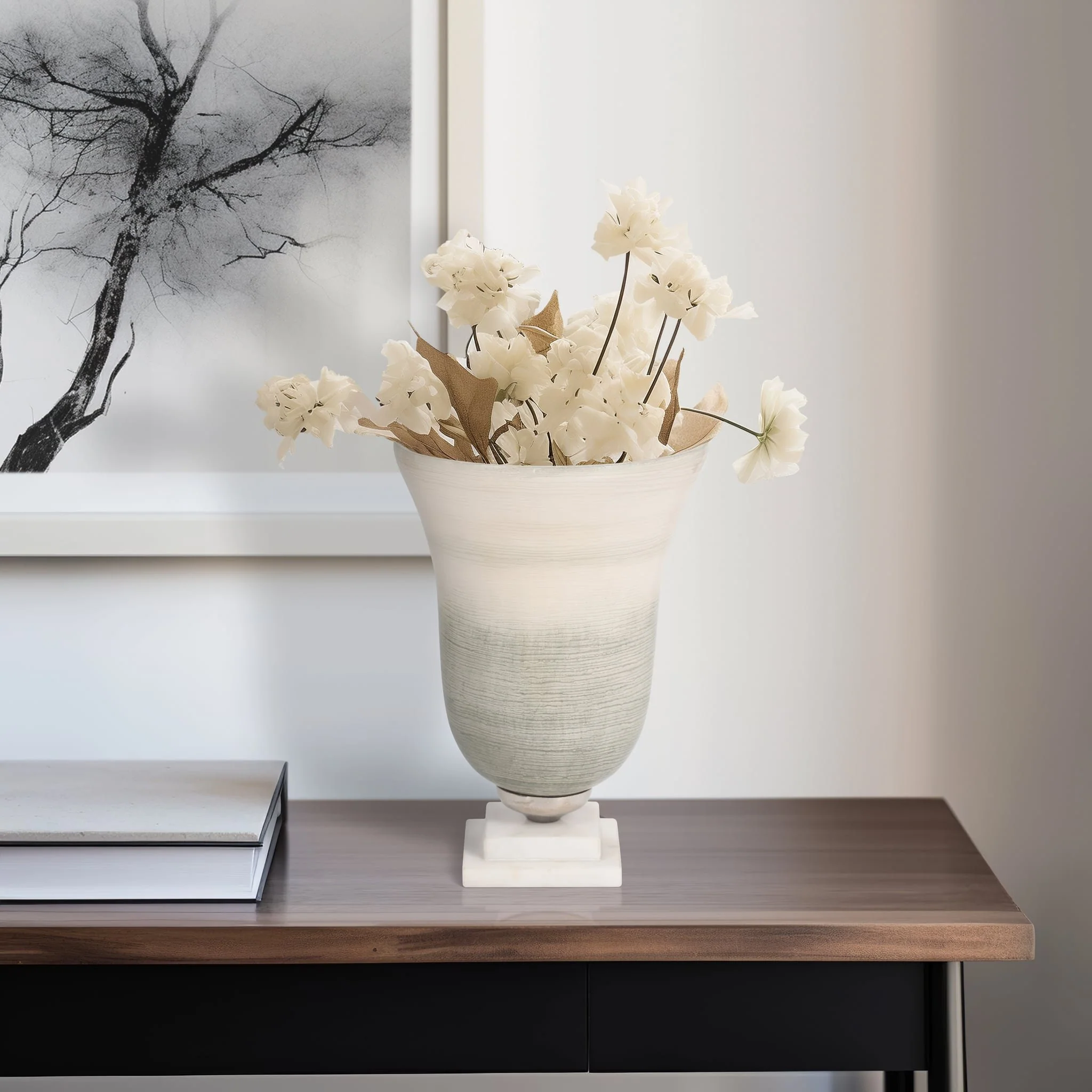 Glass, 12" Vase On Marble Base, Sage/ivory Kd - Image 11