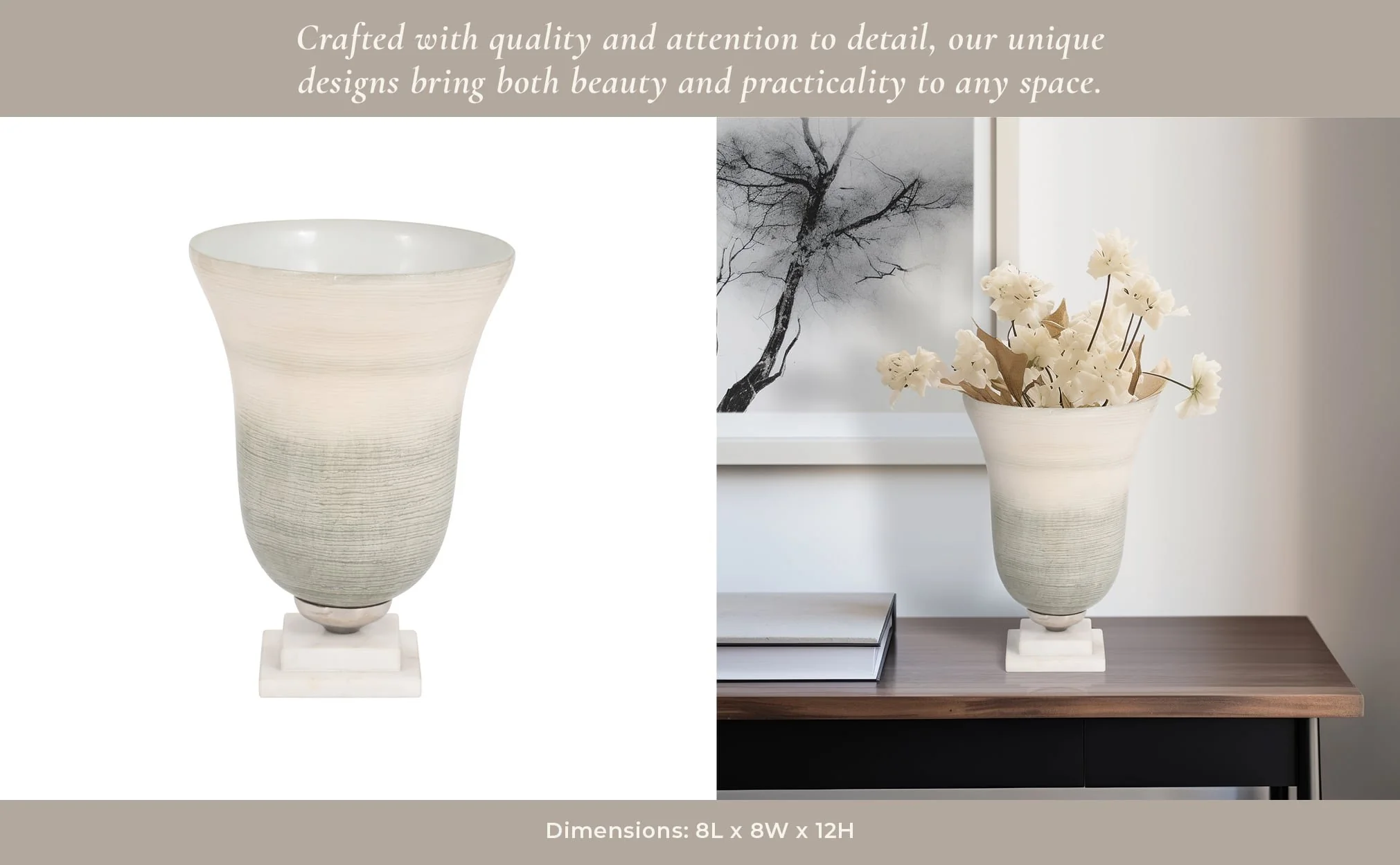 Glass, 12" Vase On Marble Base, Sage/ivory Kd - Image 12