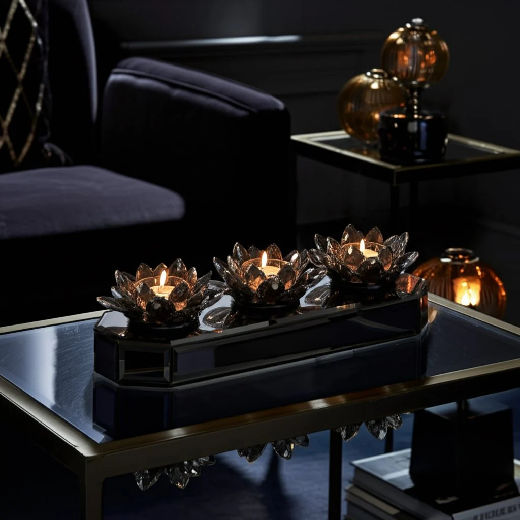Glass 13" 3 Lotus Mirrored Candle Holder, Black - Image 11