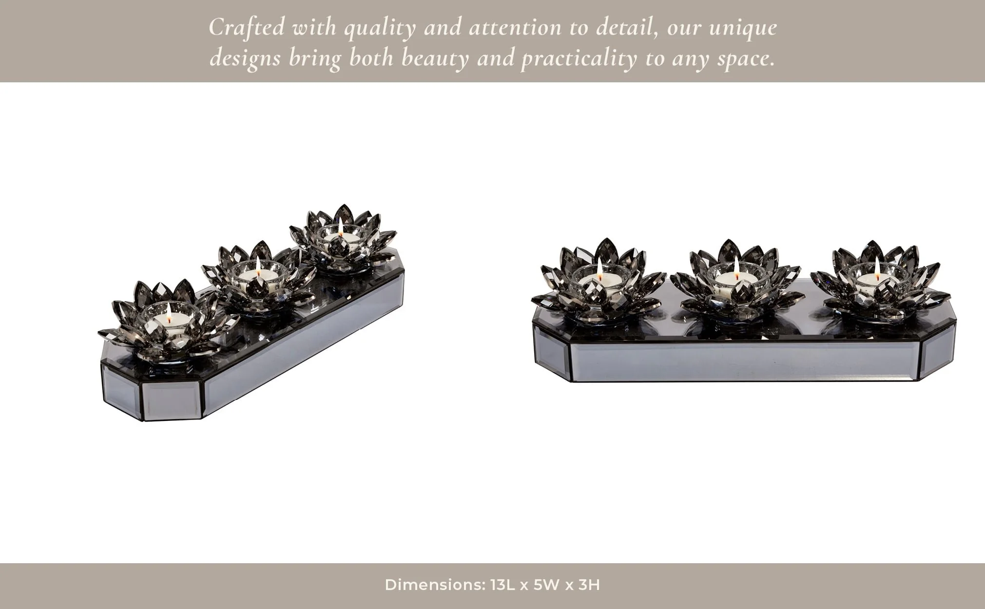 Glass 13" 3 Lotus Mirrored Candle Holder, Black - Image 12