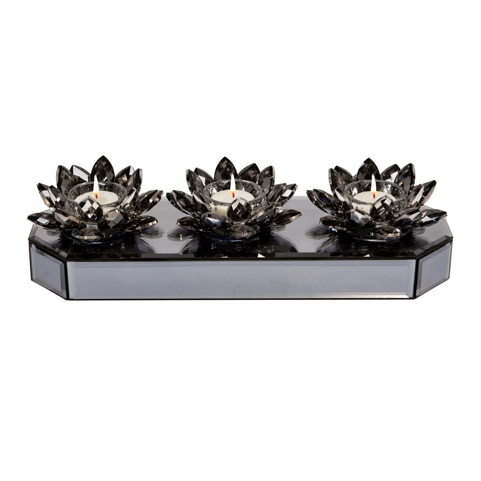 Glass 13" 3 Lotus Mirrored Candle Holder, Black - Image 2