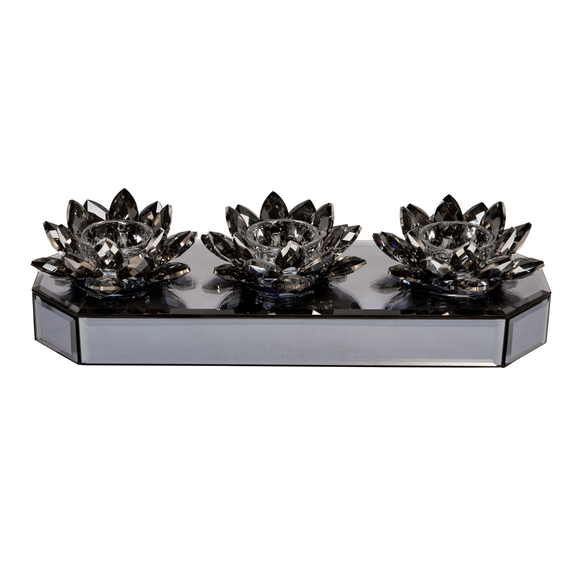 Glass 13" 3 Lotus Mirrored Candle Holder, Black - Image 4