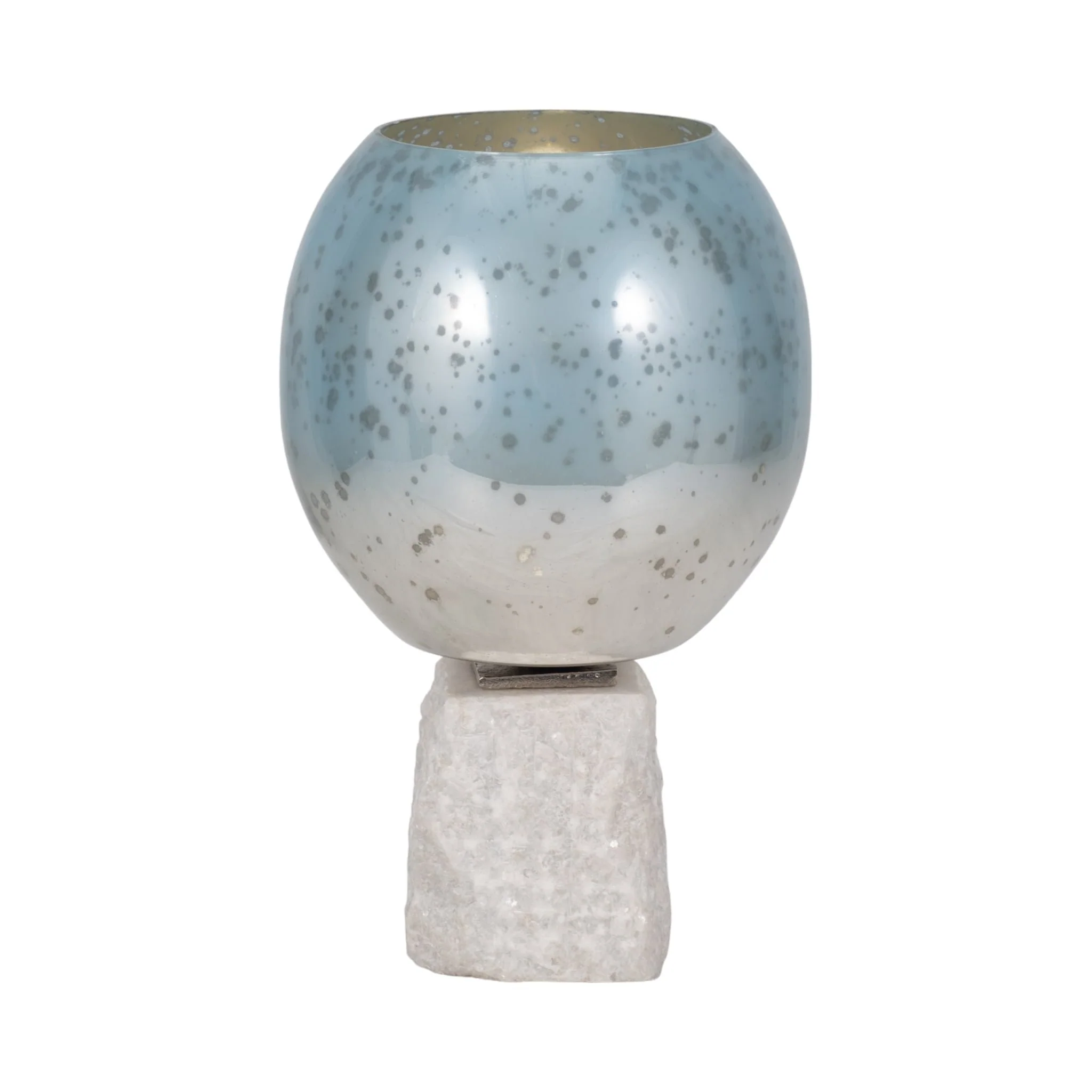 Glass, 13" Bowl Pillar Holder Marble Base, Aqua/wh - Image 3