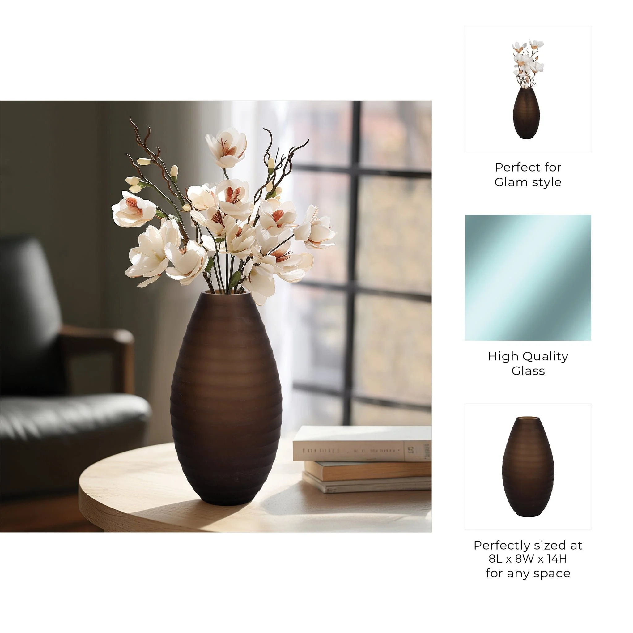 Glass, 13" Ridged Urn Vase, Champagne - Image 9
