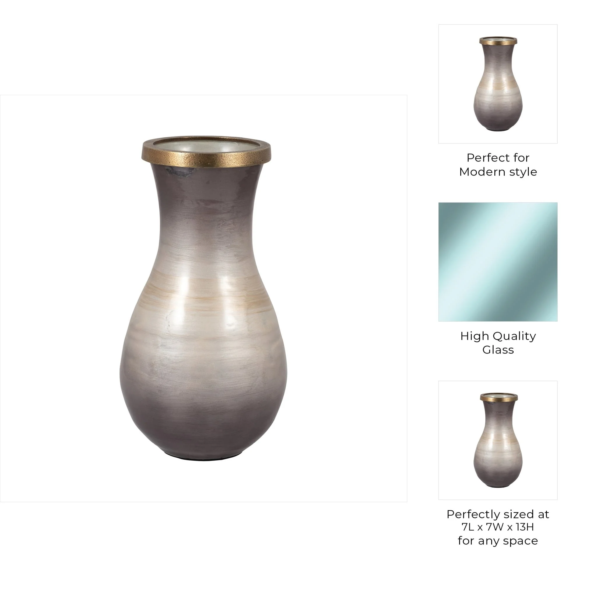 Glass, 13" Vase With Metal Rim, Multi - Image 8
