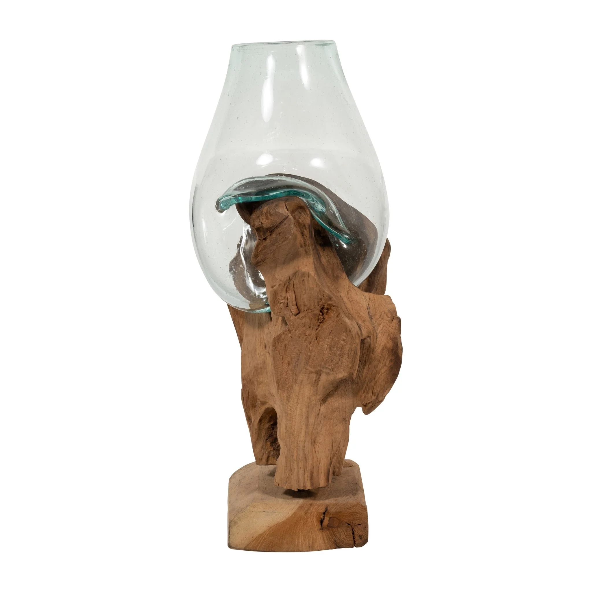 Glass 13"h Vase In Wood Stand, Brown - Image 3