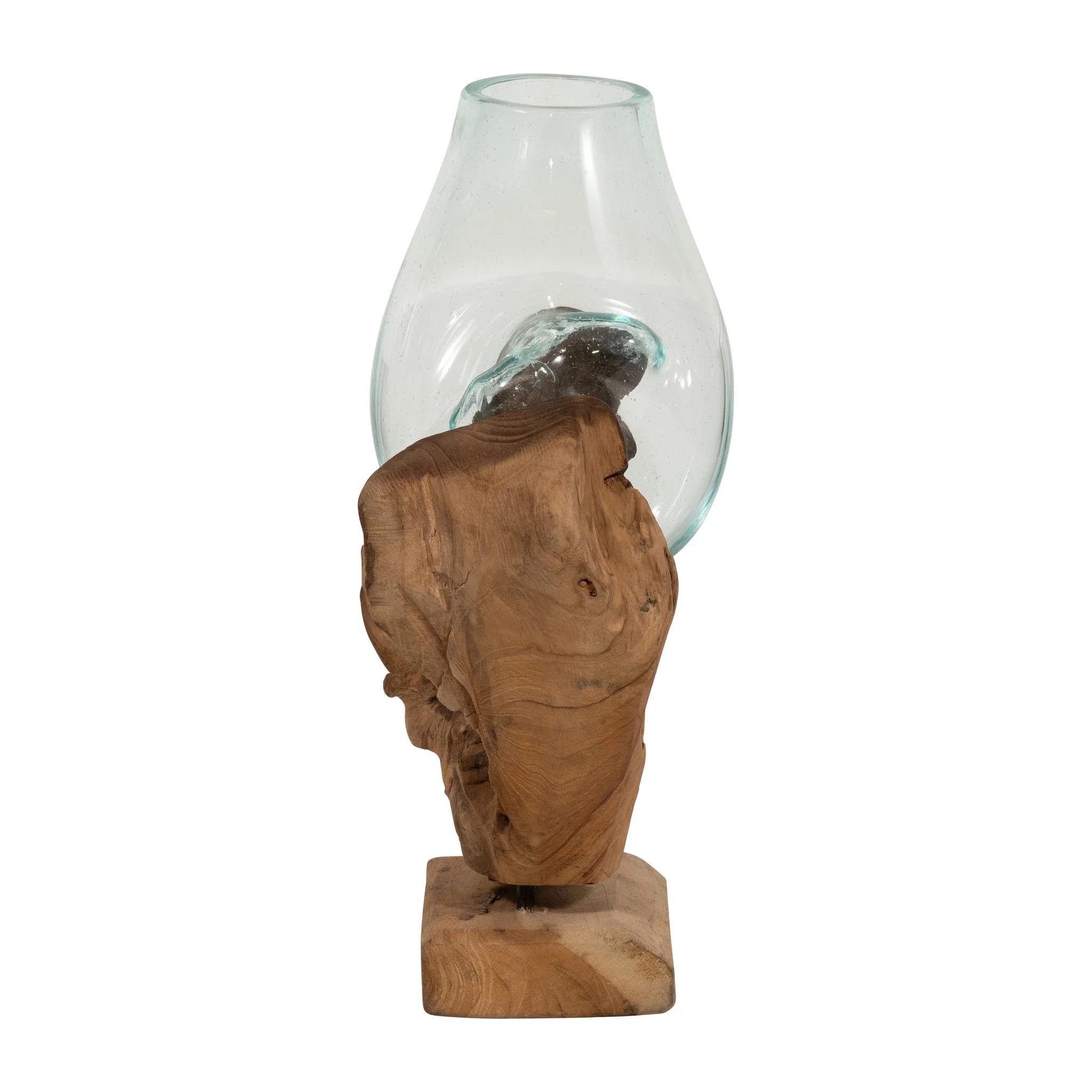 Glass 13"h Vase In Wood Stand, Brown - Image 5