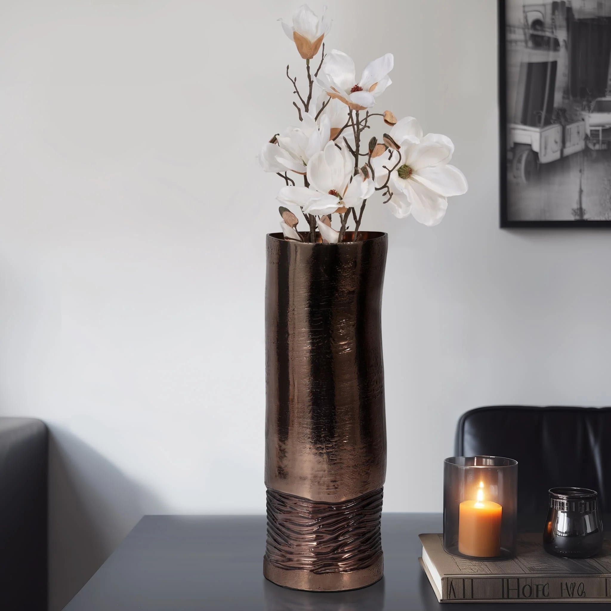 Glass, 14" Textured Enamel Vase, Bronze - Image 10