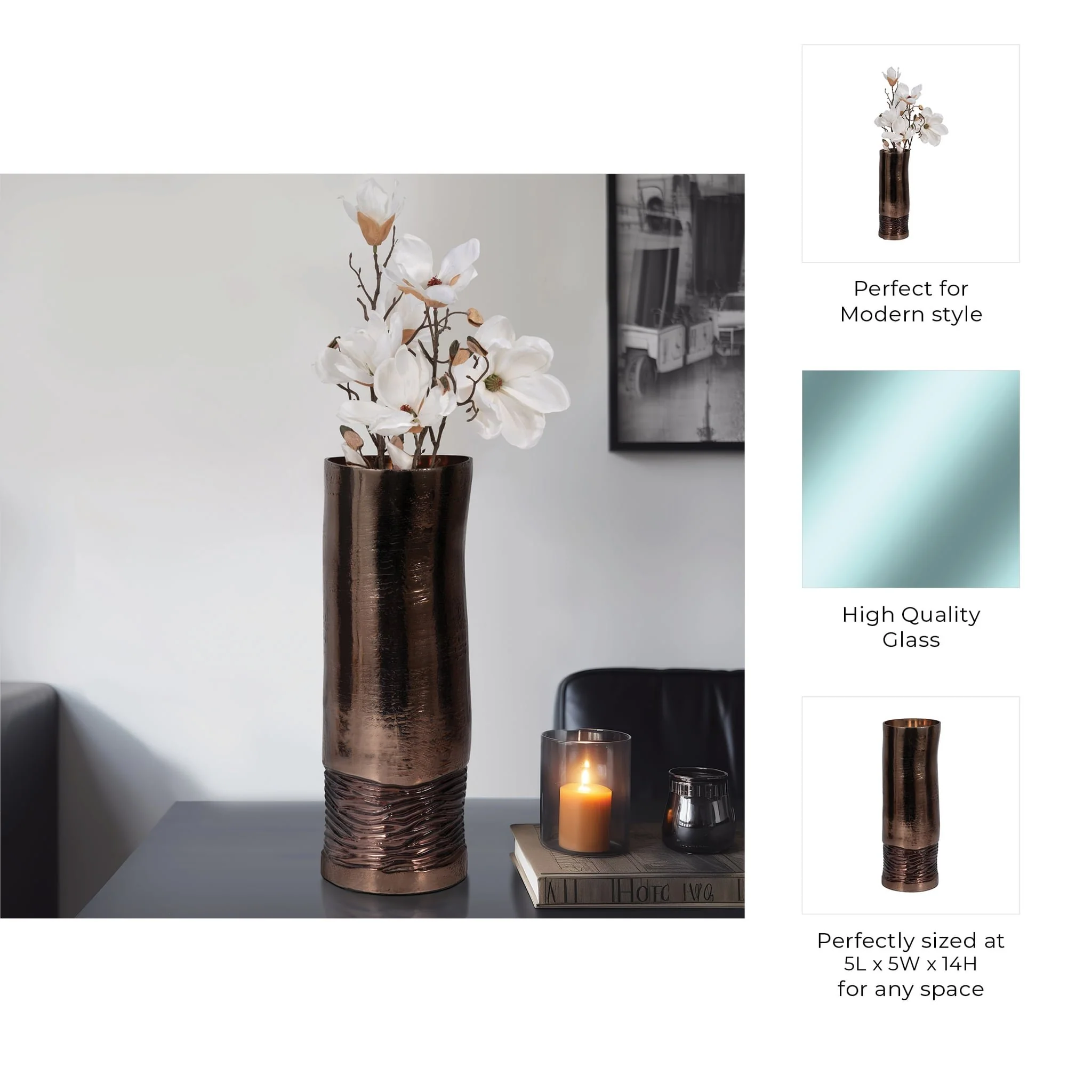 Glass, 14" Textured Enamel Vase, Bronze - Image 9