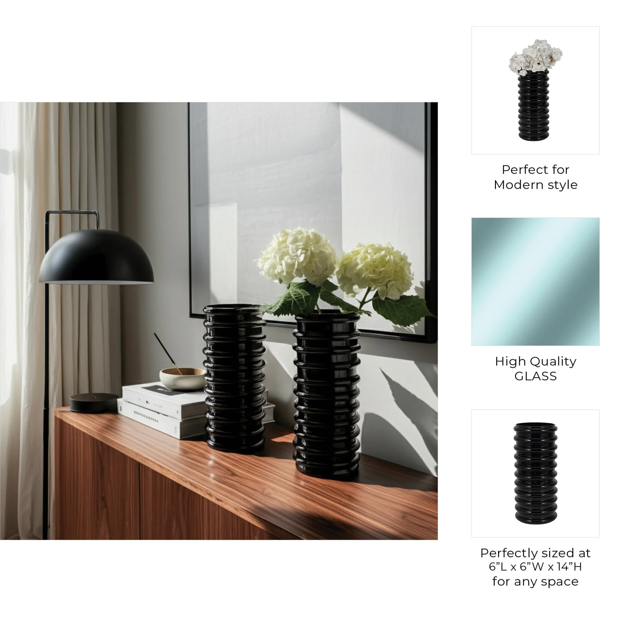Glass, 14"h, Scallop Vase, Black - Image 9