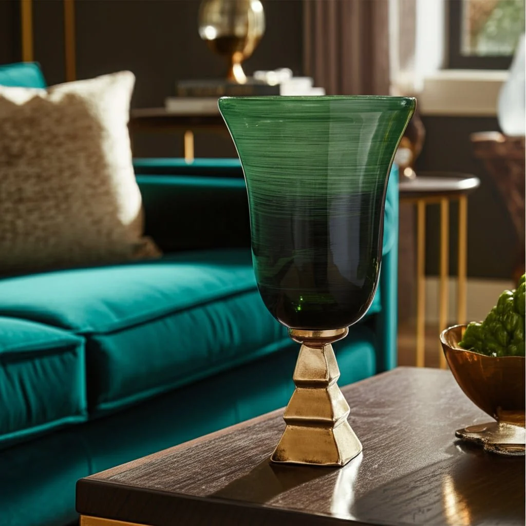 Glass, 15" 5th Ave Vase On Stand, Green/gold - Image 12