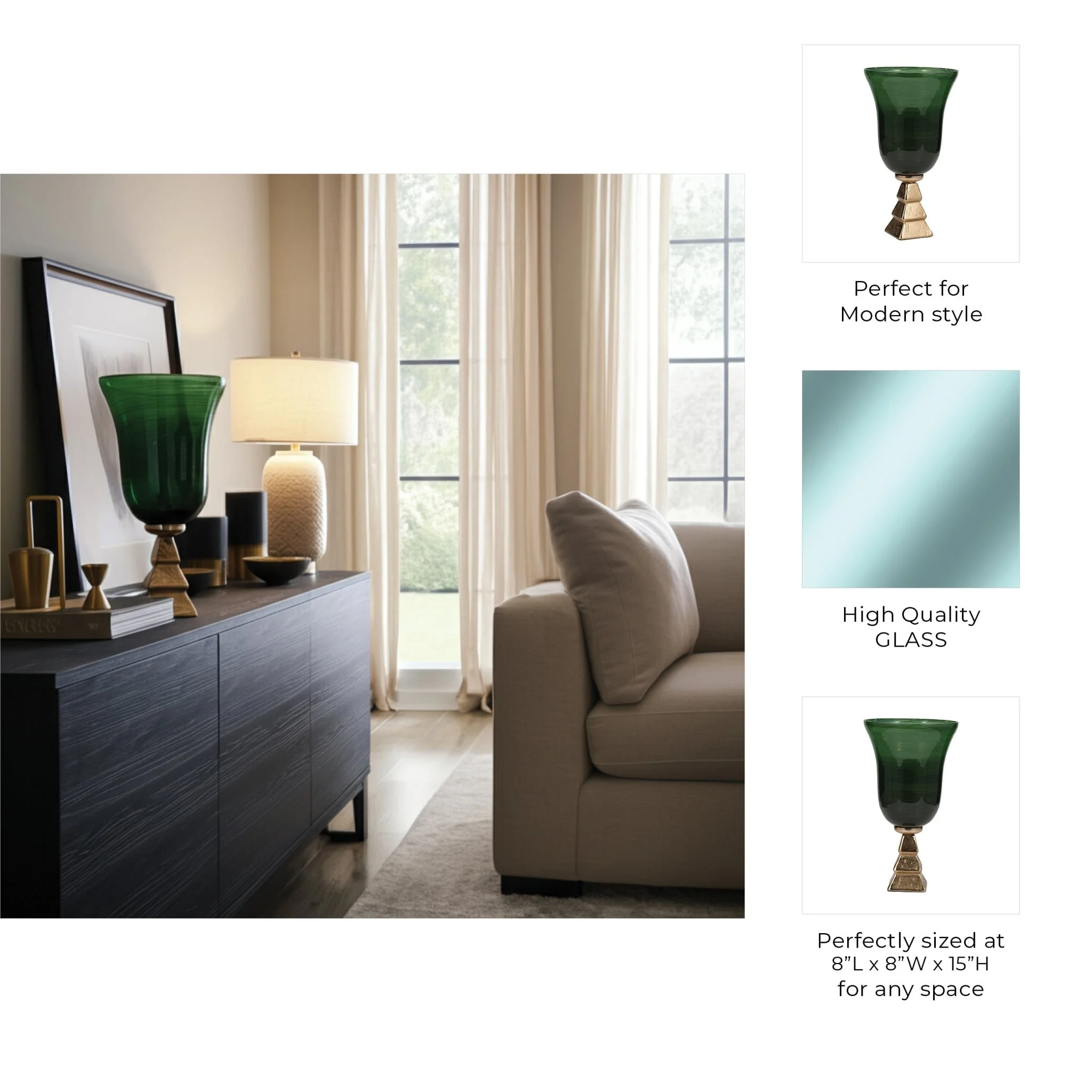 Glass, 15" 5th Ave Vase On Stand, Green/gold - Image 9