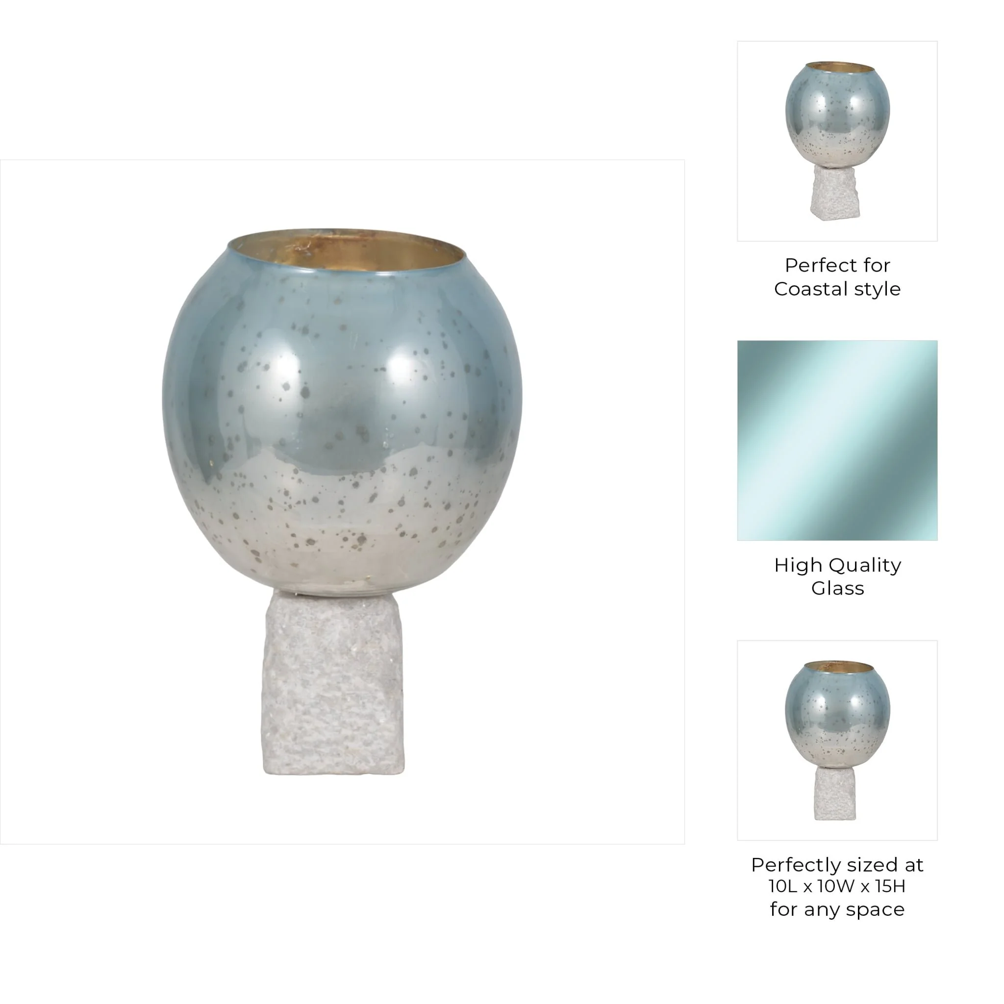 Glass, 15" Bowl Pillar Holder Marble Base, Aqua/wh - Image 9