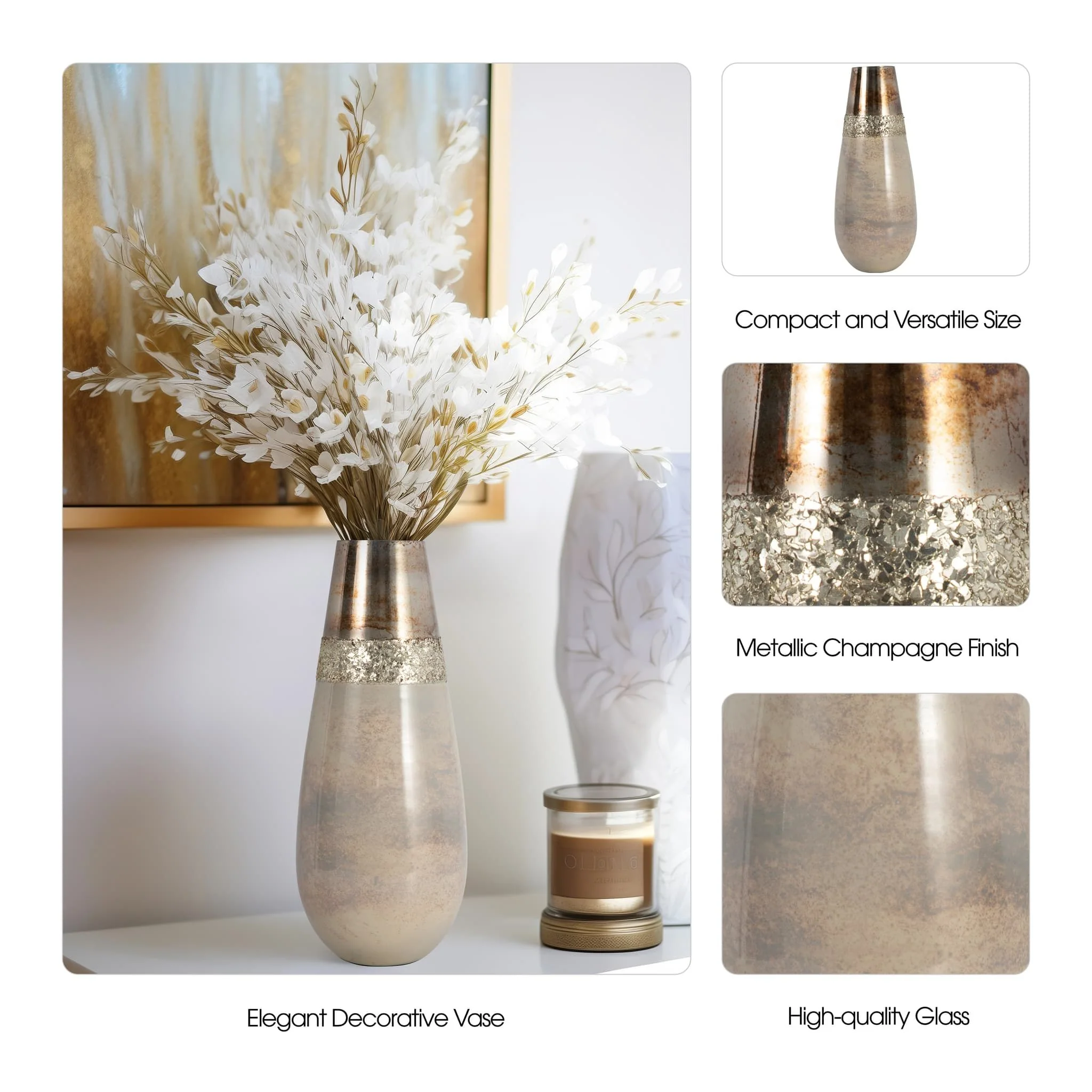 Glass, 15" Metallic Vase, Champagne - Image 10