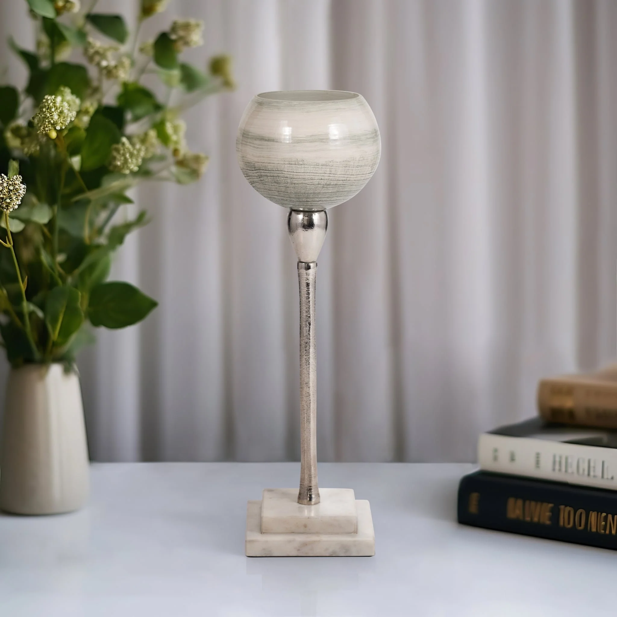Glass, 15" Votive Holder W Marble Stand, Sage/silv - Image 10