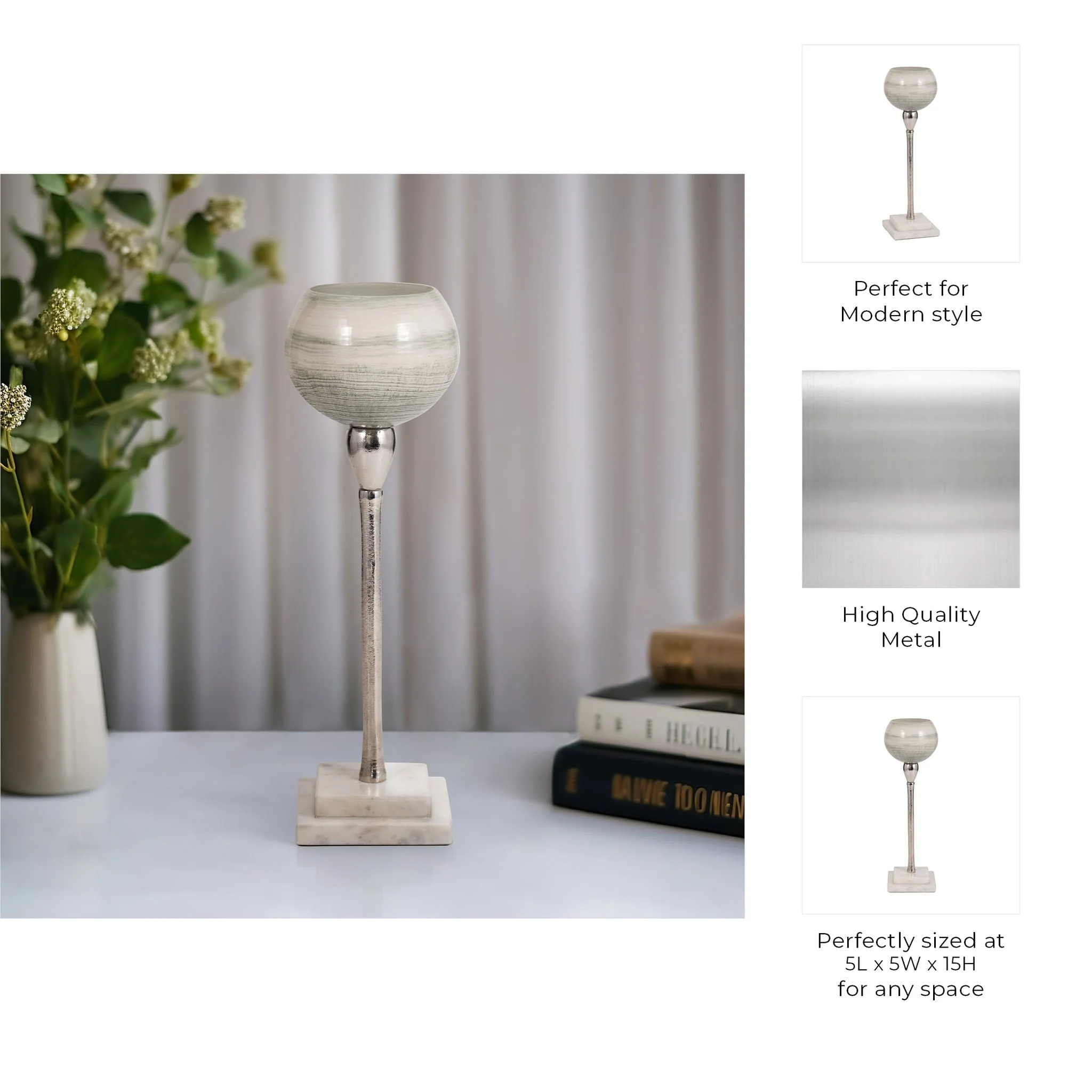 Glass, 15" Votive Holder W Marble Stand, Sage/silv - Image 9