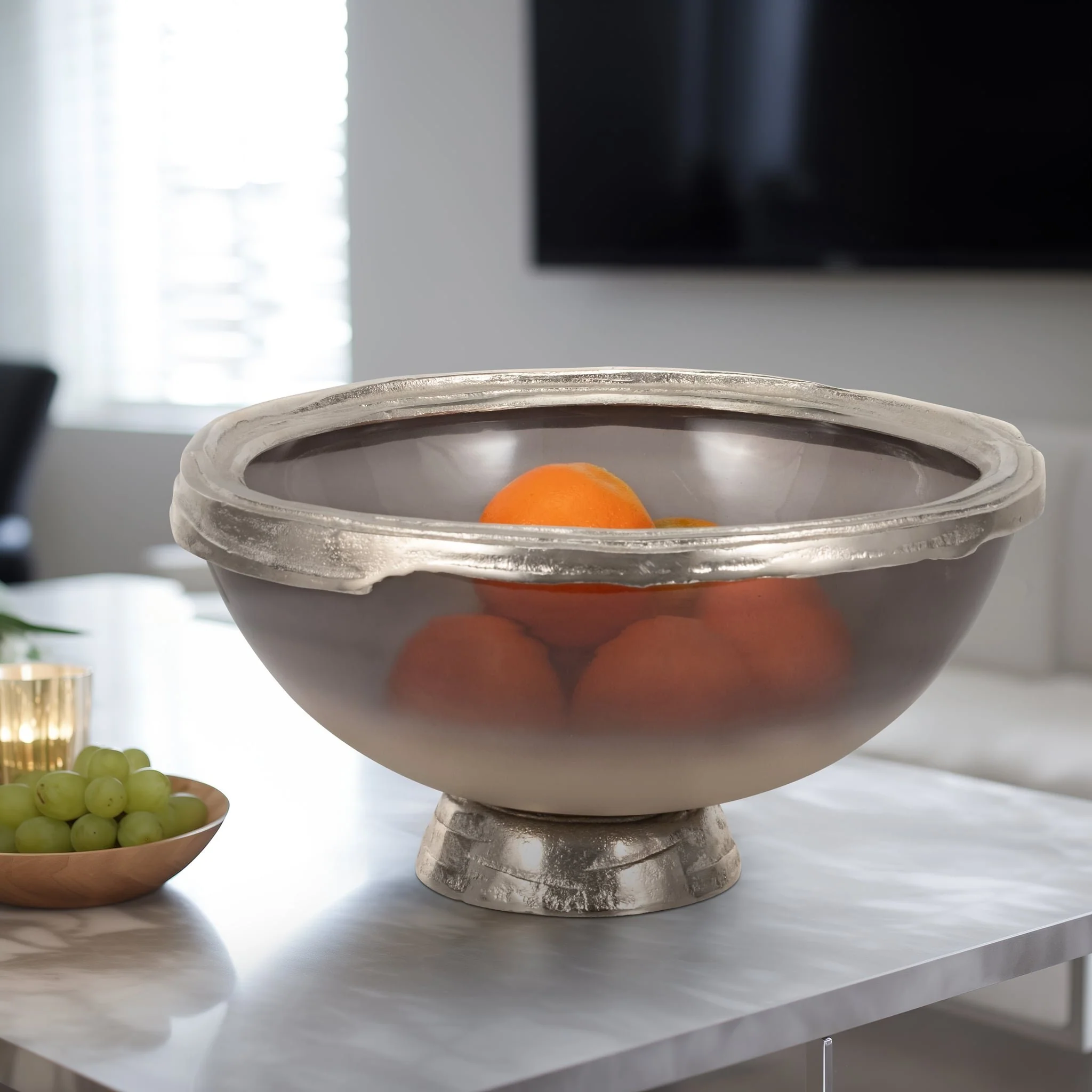 Glass, 15"d Bowl W/ Silver Base, Taupe Nickel - Image 9