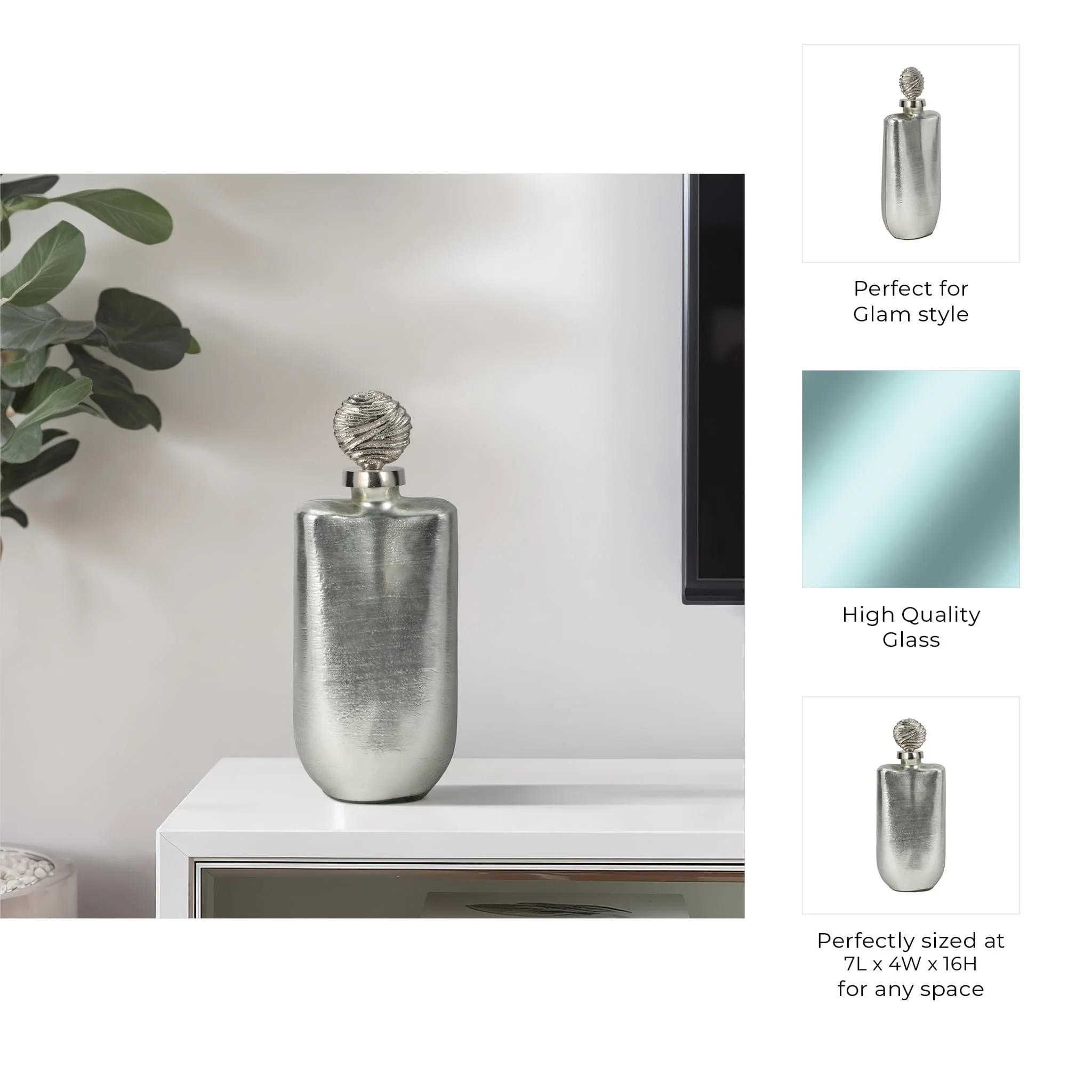 Glass, 16" Metallic Bottle Orb Topper, Silver - Image 9