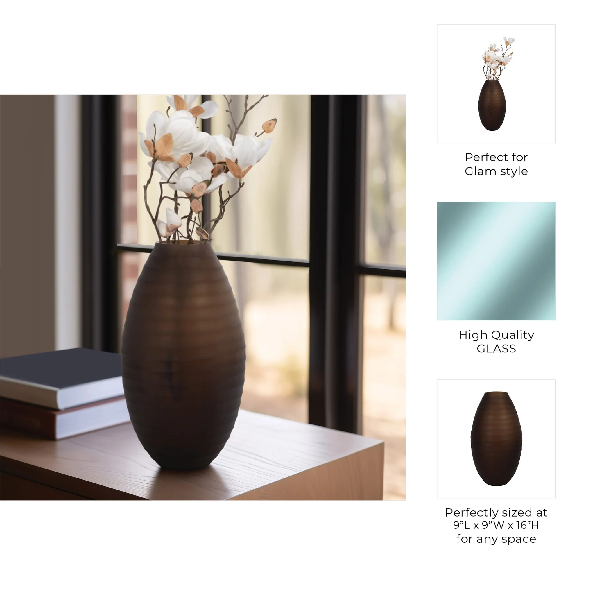 Glass, 16" Ridged Urn Vase, Champagne - Image 9