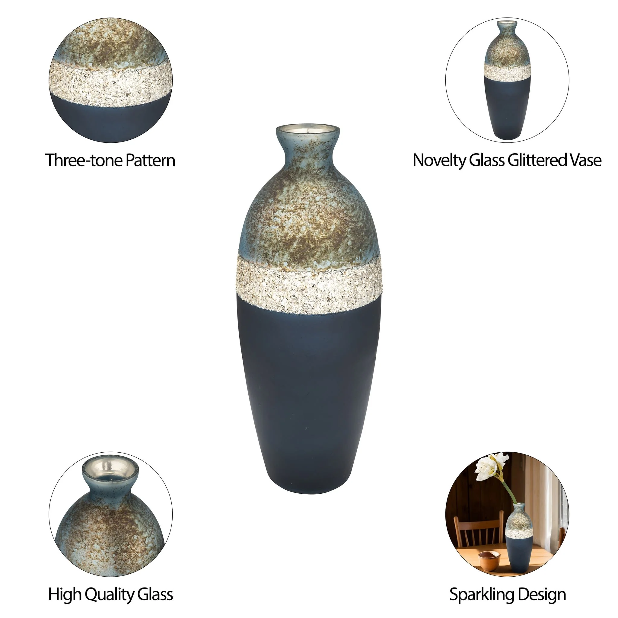 Glass, 16" Tri-colored Glittered Vase, Multi - Image 9