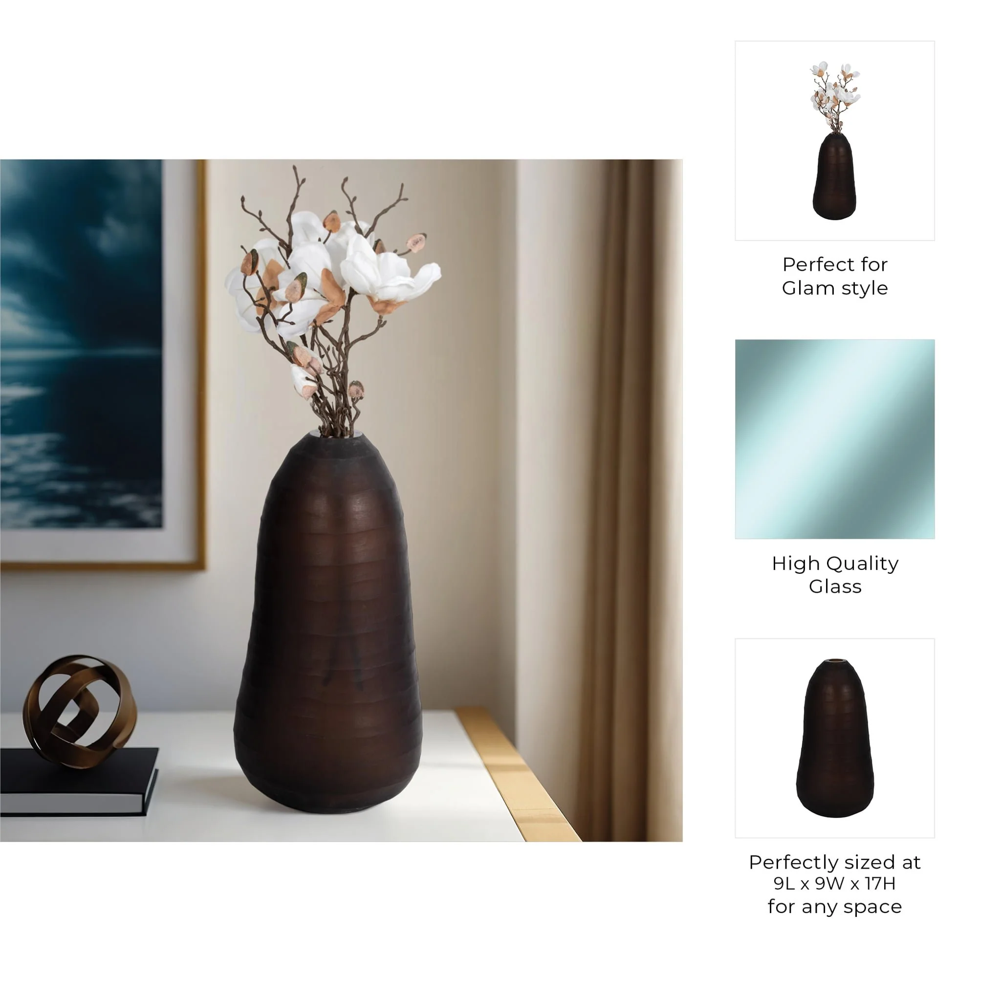 Glass, 17" Ridged Vase, Smokey Brown - Image 8
