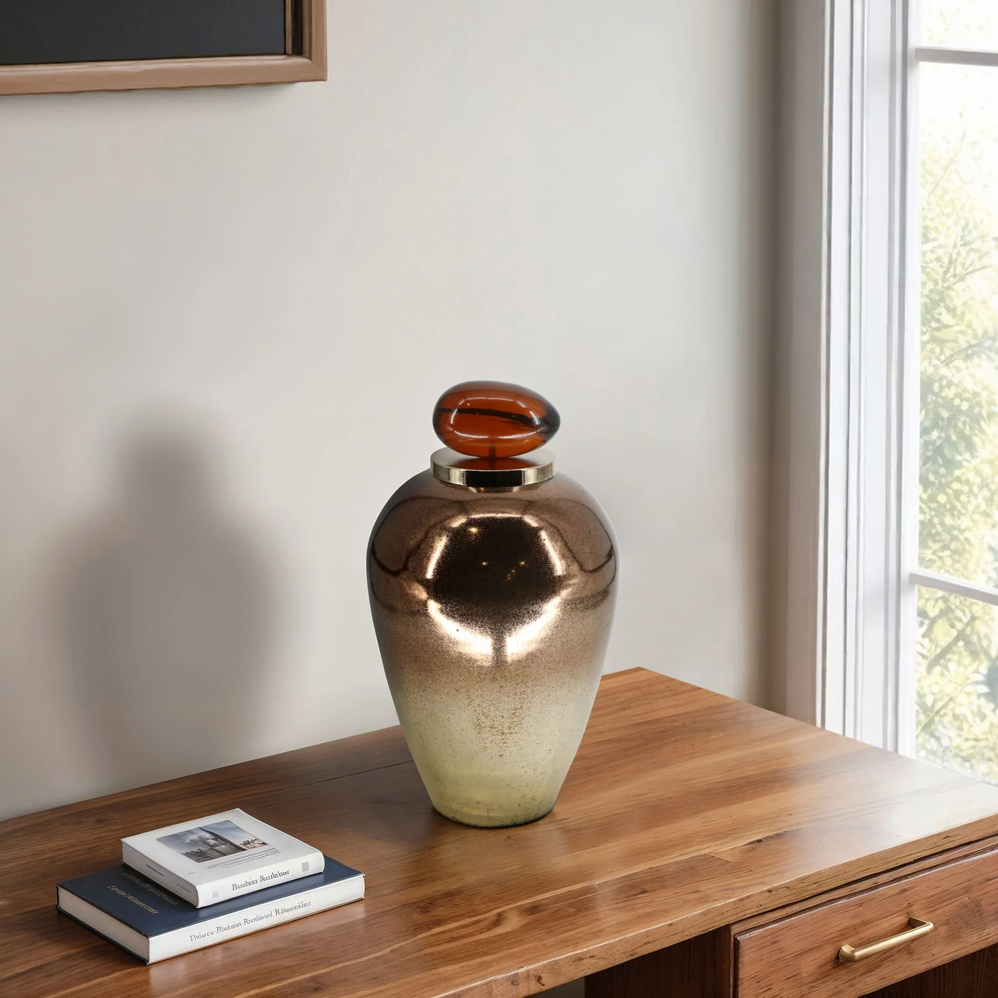 Glass, 17" Temple Vase W/ Resin Topper, Copper - Image 11