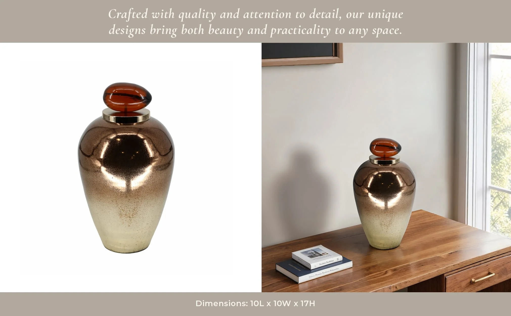 Glass, 17" Temple Vase W/ Resin Topper, Copper - Image 12