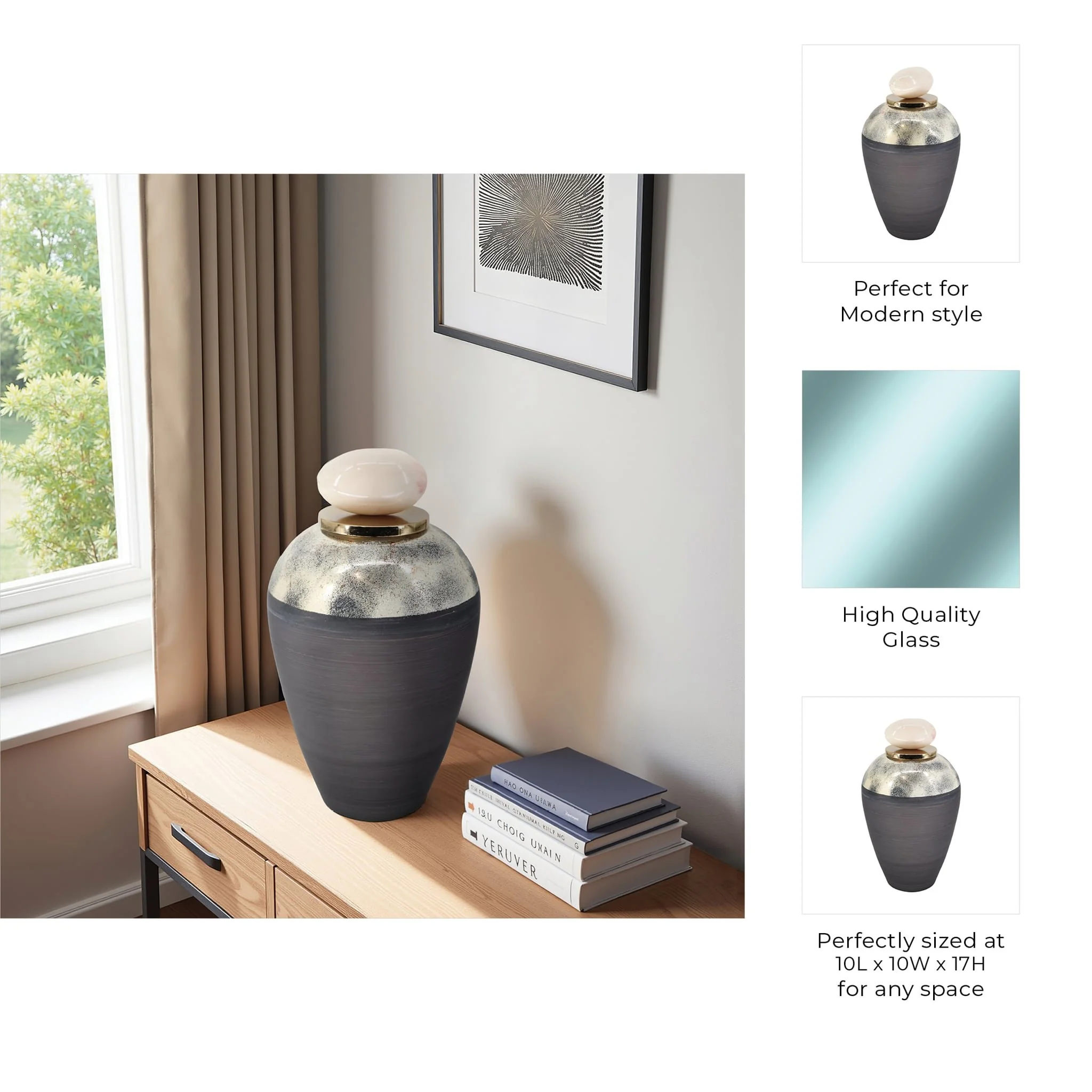 Glass, 17" Vase W/ Resin Topper, Gray - Image 9