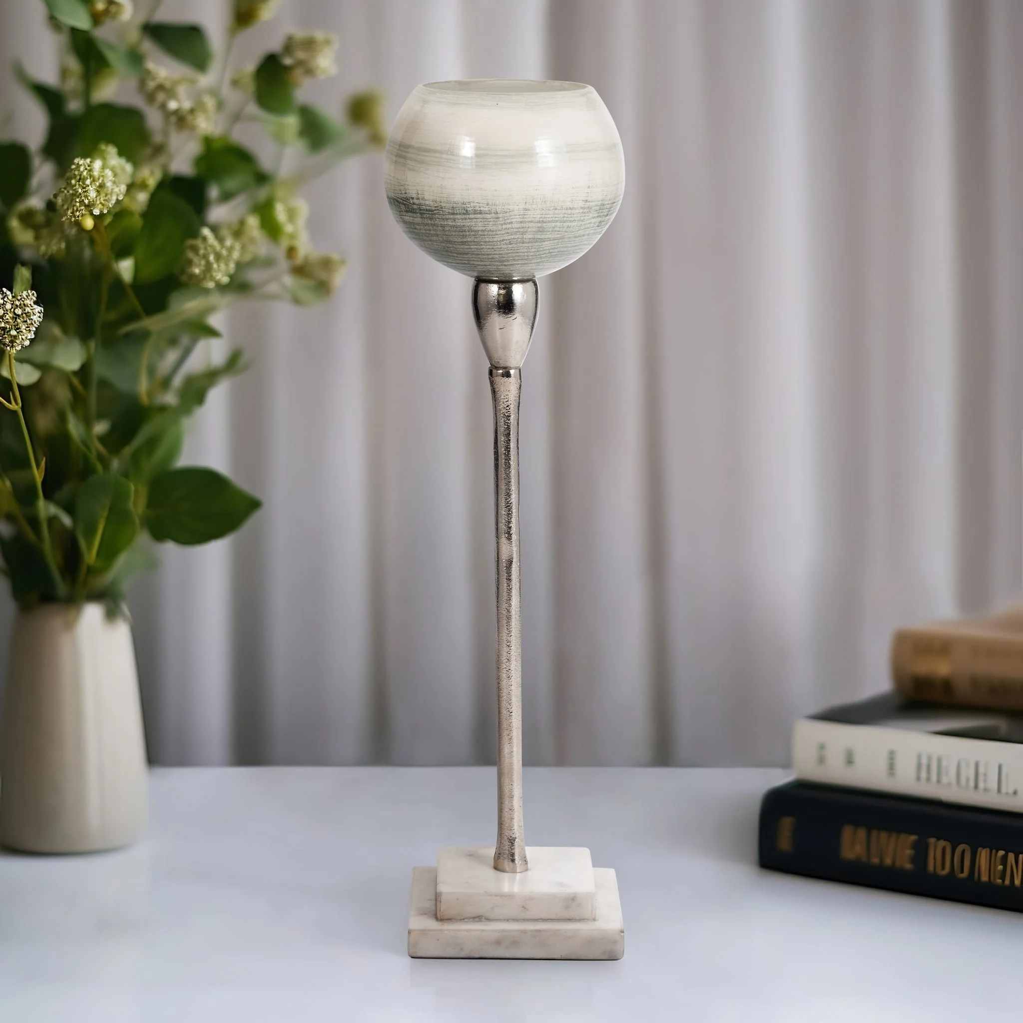 Glass, 17" Votive Holder W Marble Stand, Sage/silv - Image 10