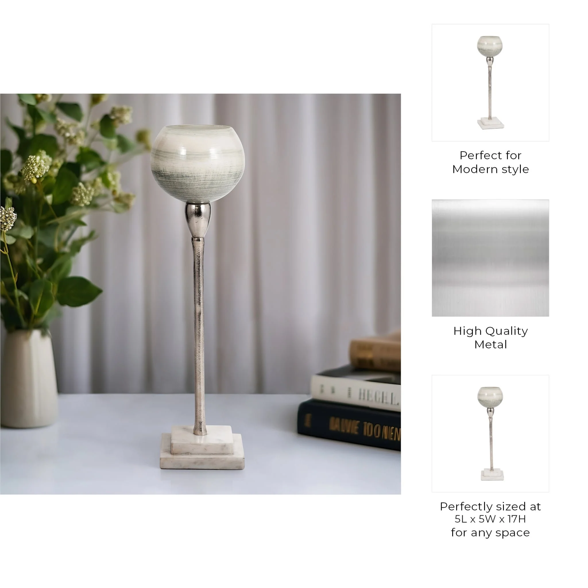 Glass, 17" Votive Holder W Marble Stand, Sage/silv - Image 9