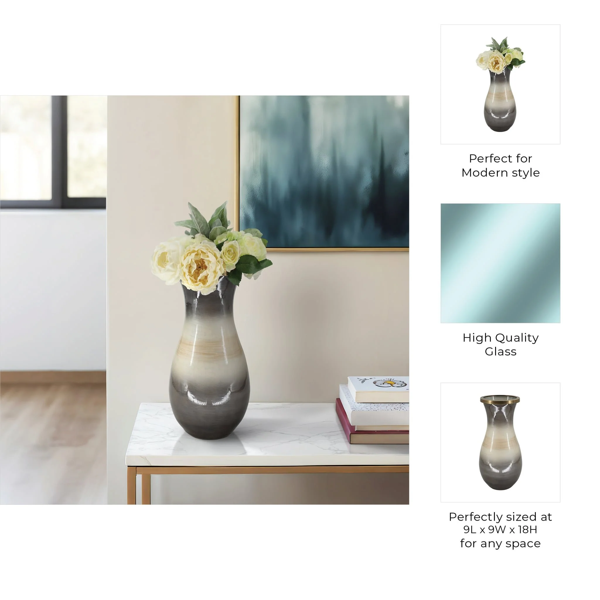 Glass, 18" Vase With Metal Rim, Multi - Image 8