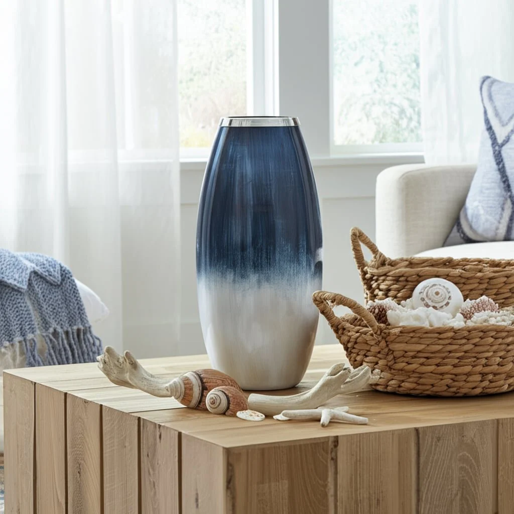 Glass,18"h Vase W/metal Rim, Blue/wht Ombre - Image 11