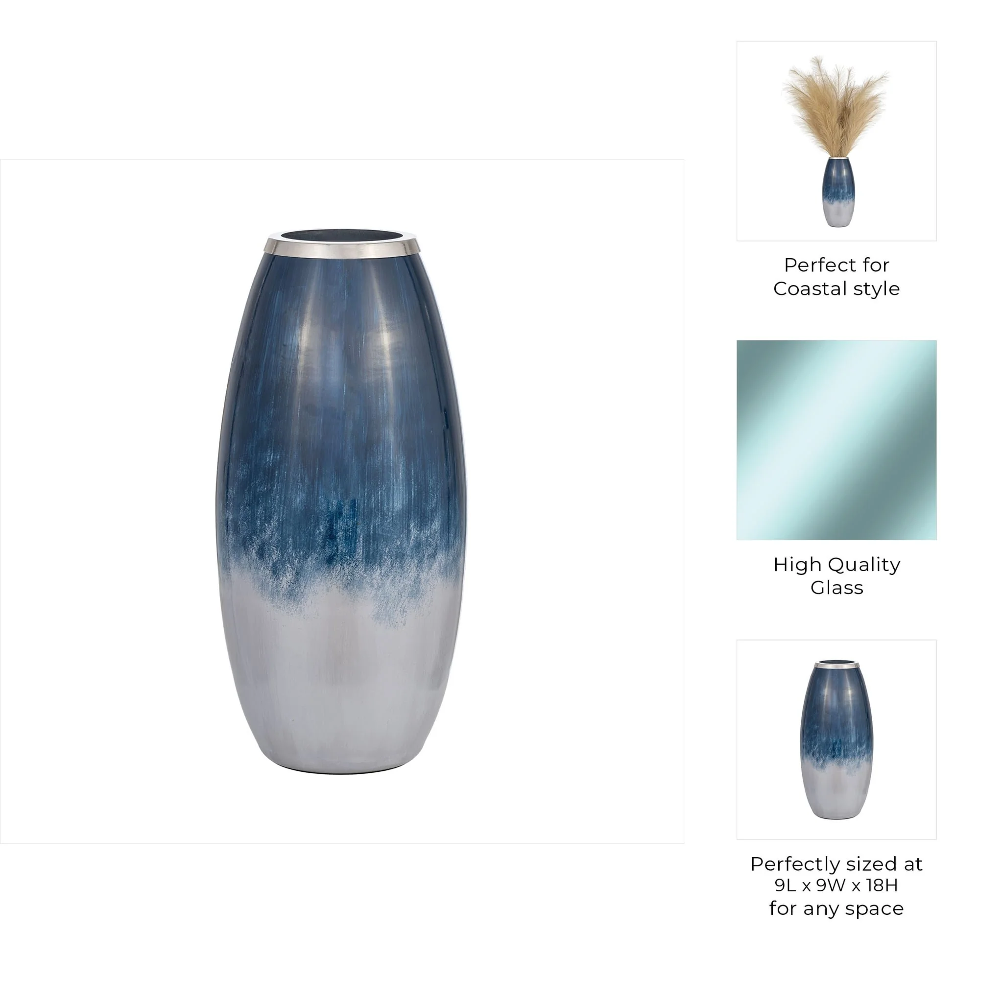 Glass,18"h Vase W/metal Rim, Blue/wht Ombre - Image 7