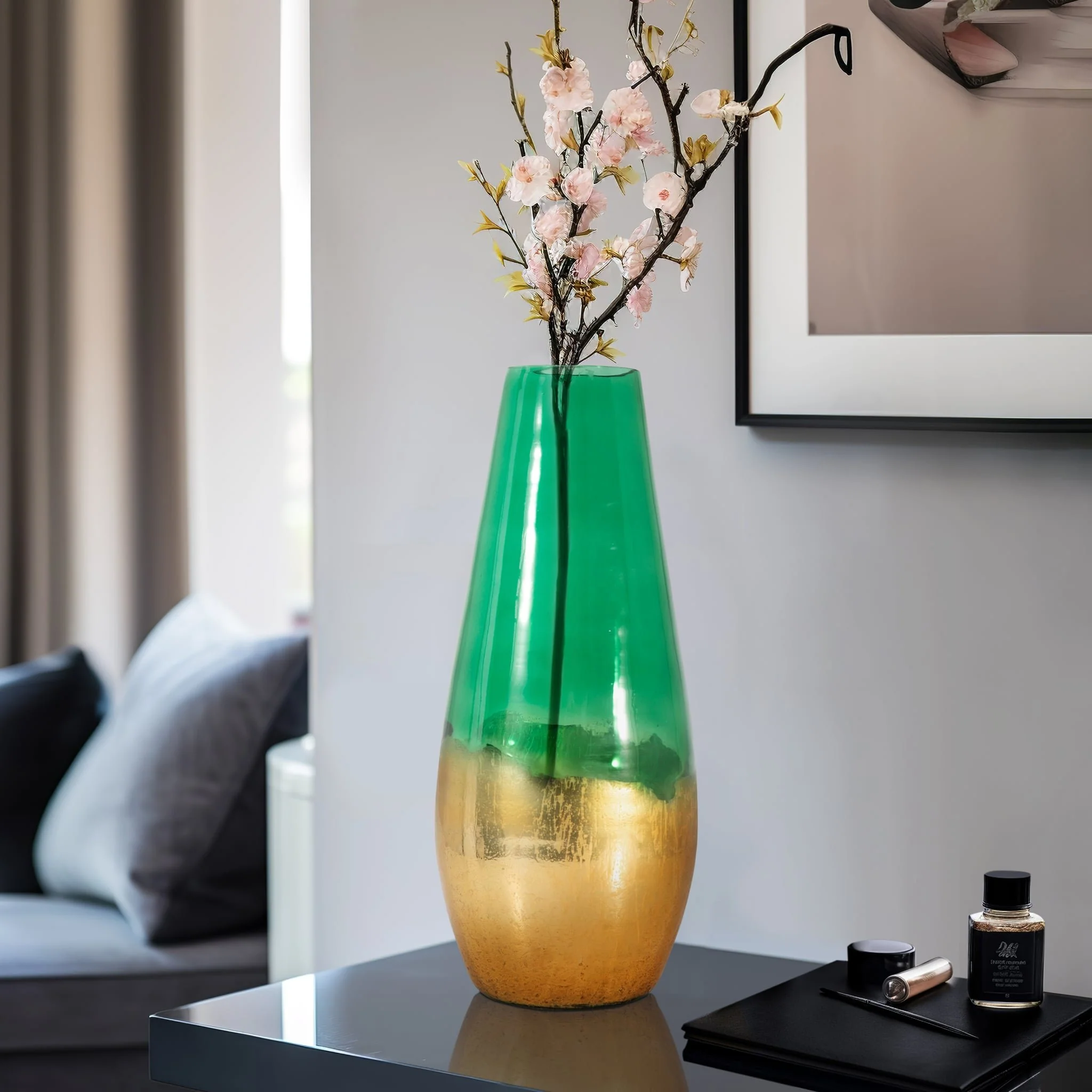 Glass, 19" Gold Dipped Vase, Green - Image 10