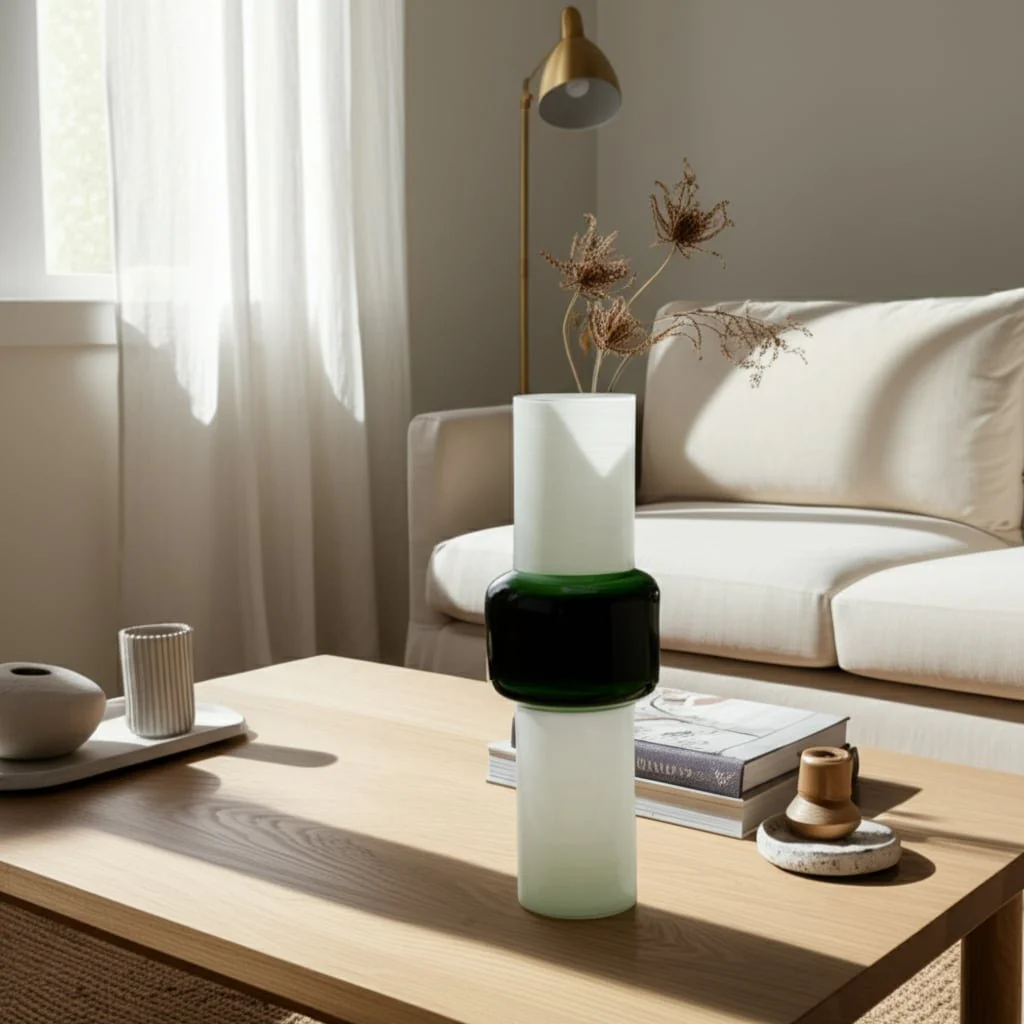 Glass, 19" Modern Cylinder Vase, White/green - Image 14
