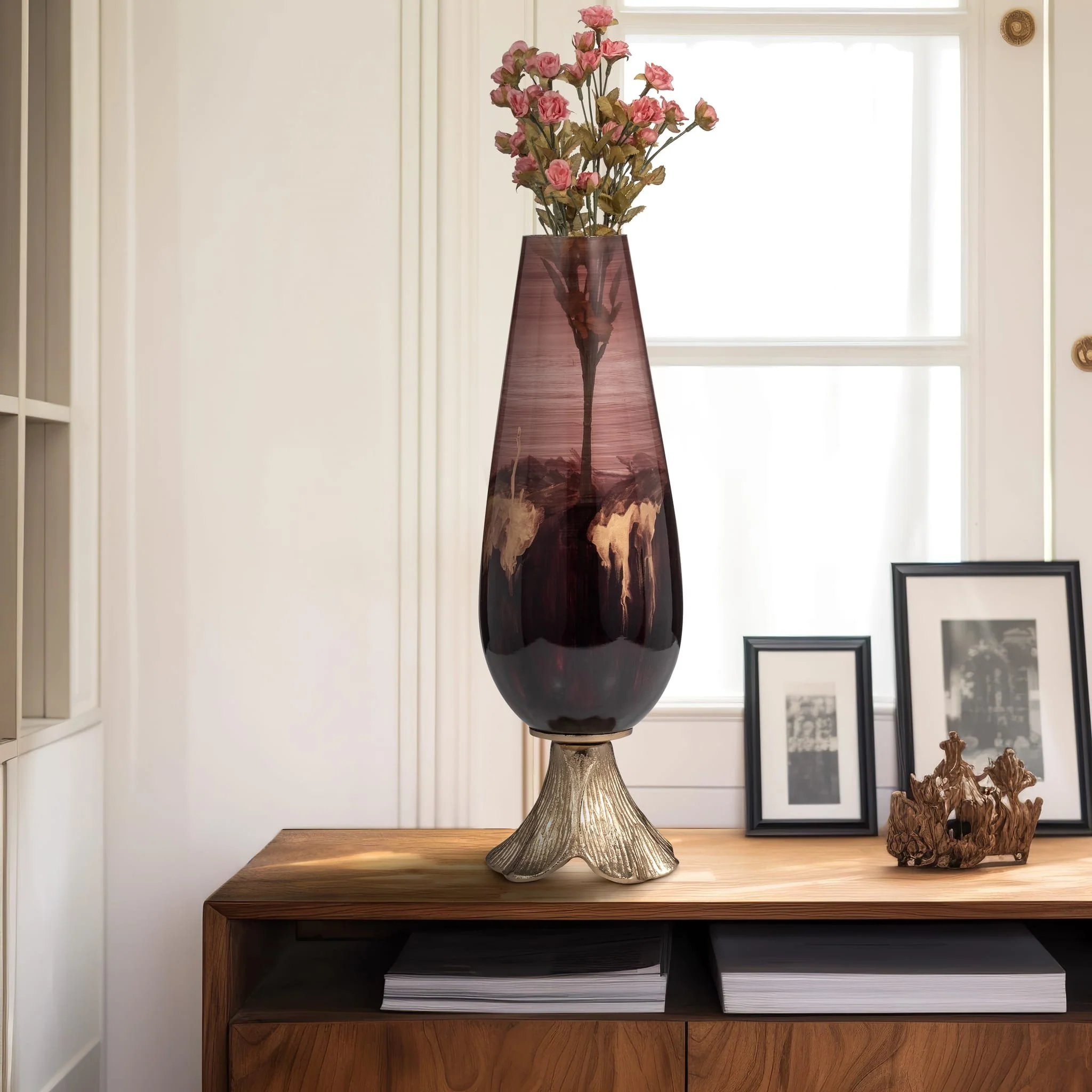 Glass, 19" Vase W/ Leaf Base, Bronze - Image 11
