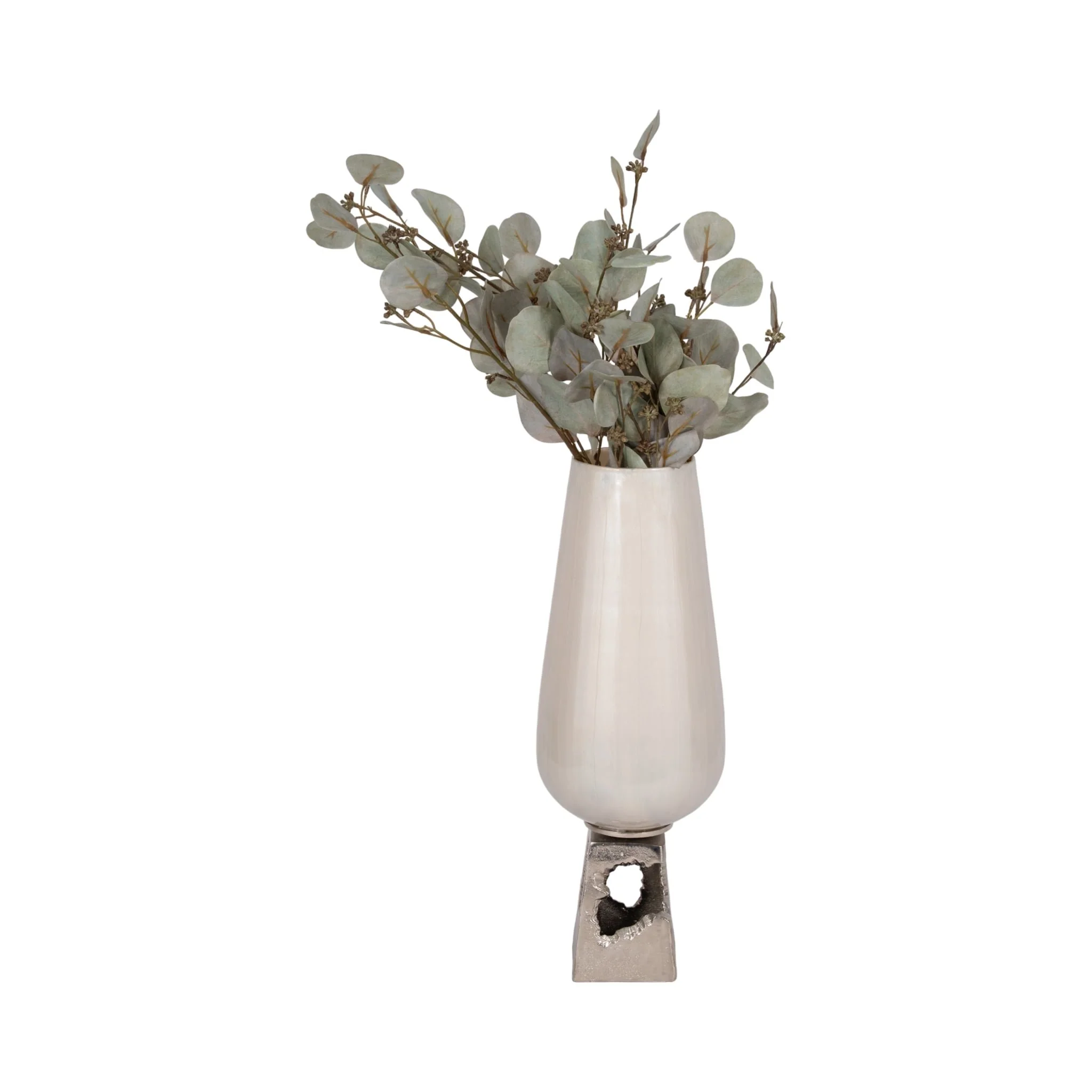 Glass, 19"h Vase W/ Metal Base, Pearl White - Image 2