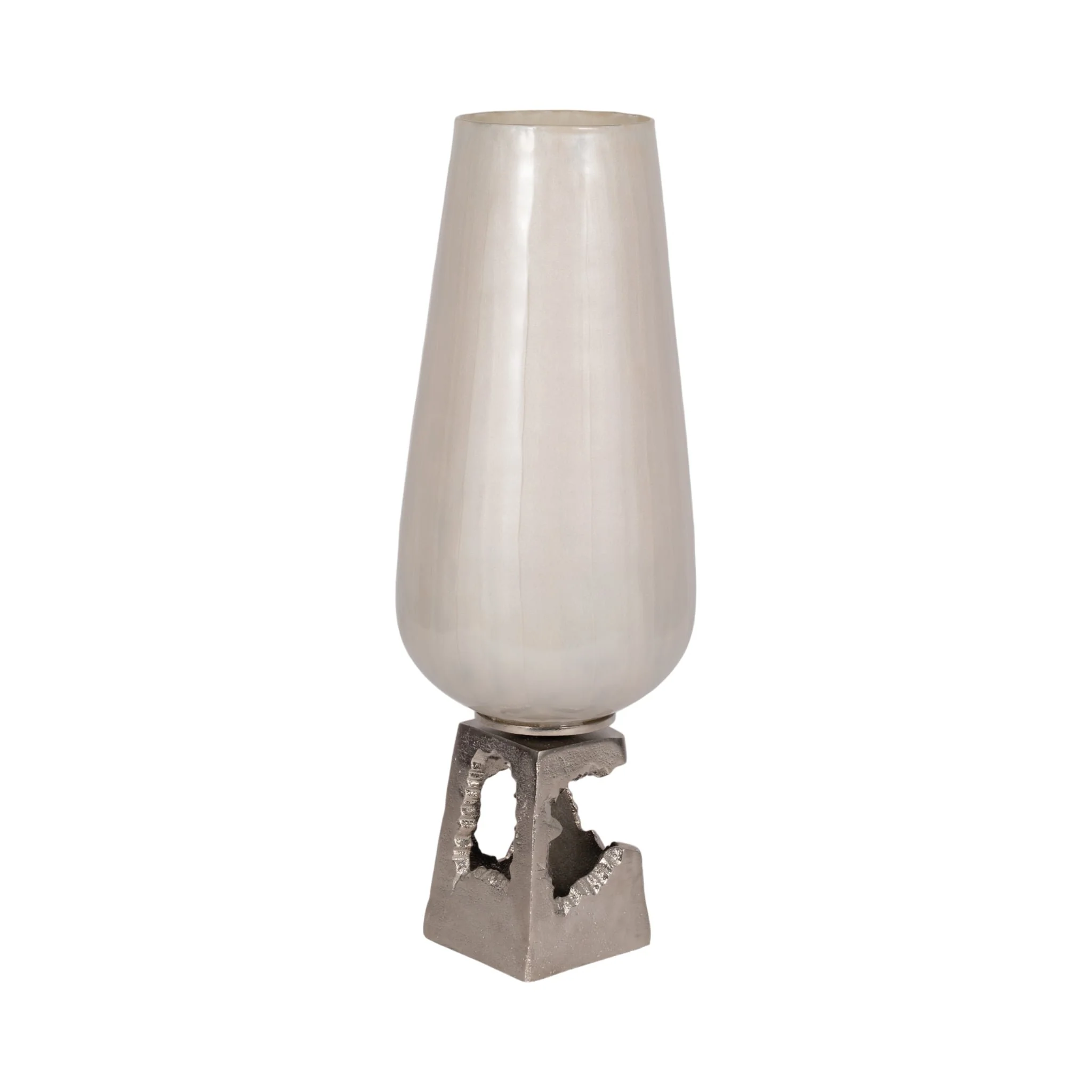 Glass, 19"h Vase W/ Metal Base, Pearl White - Image 3