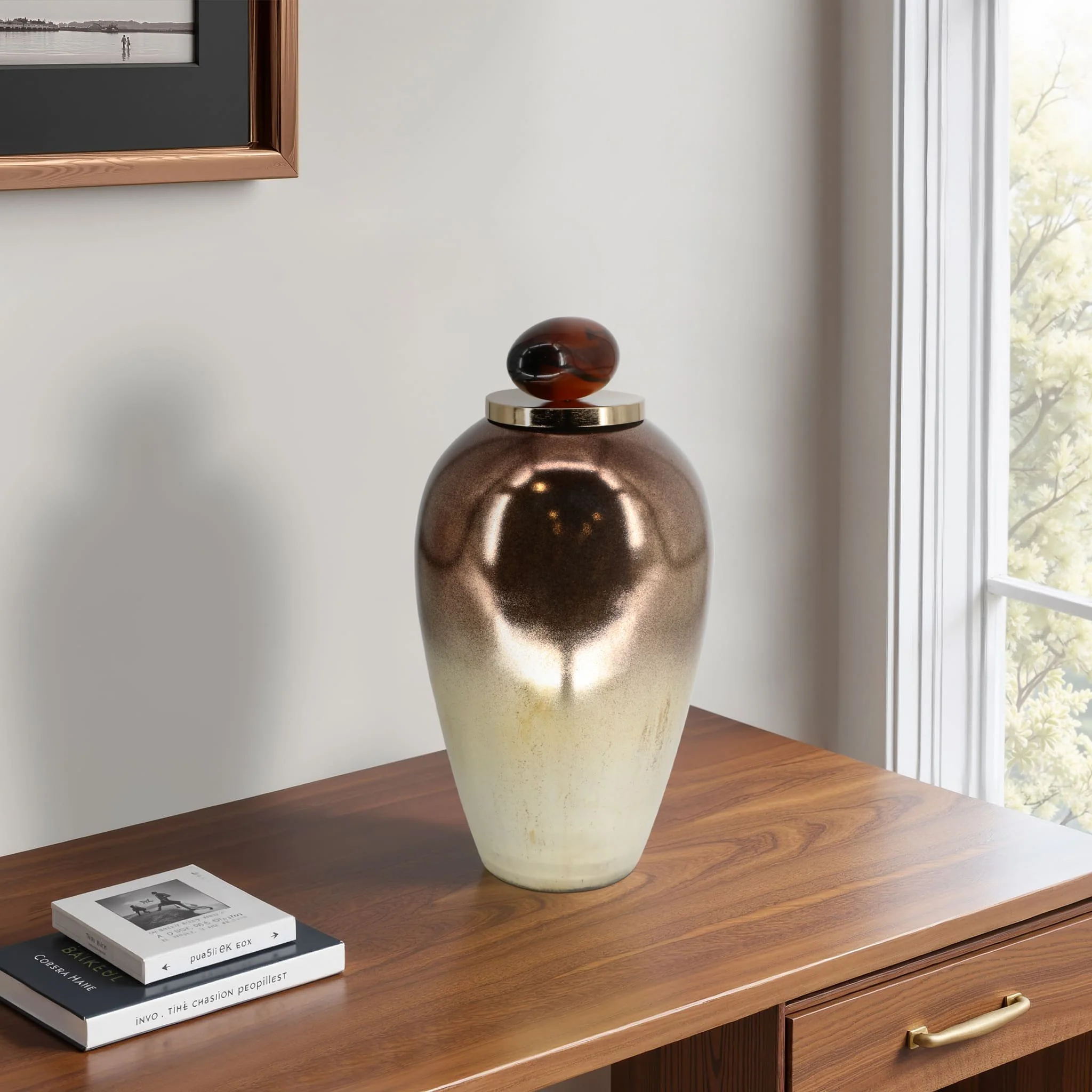 Glass, 20" Temple Vase W/ Resin Topper, Copper - Image 11