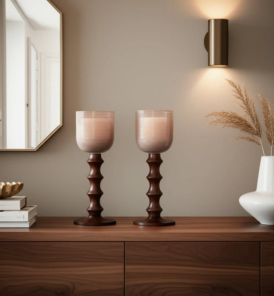 Glass, 20" Wooden Base Hurrican, Blush - Image 9