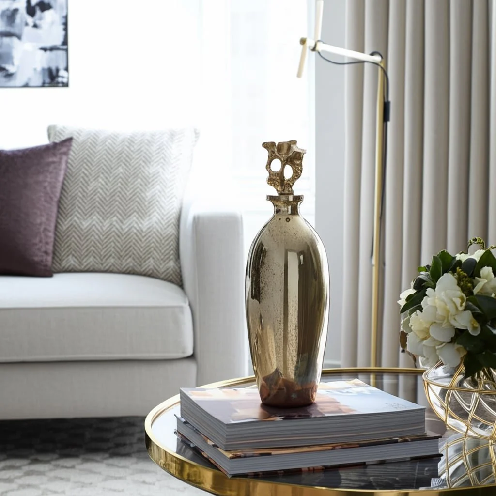 Glass, 20"h Metal Vase Tribal Topper,  Gold - Image 10