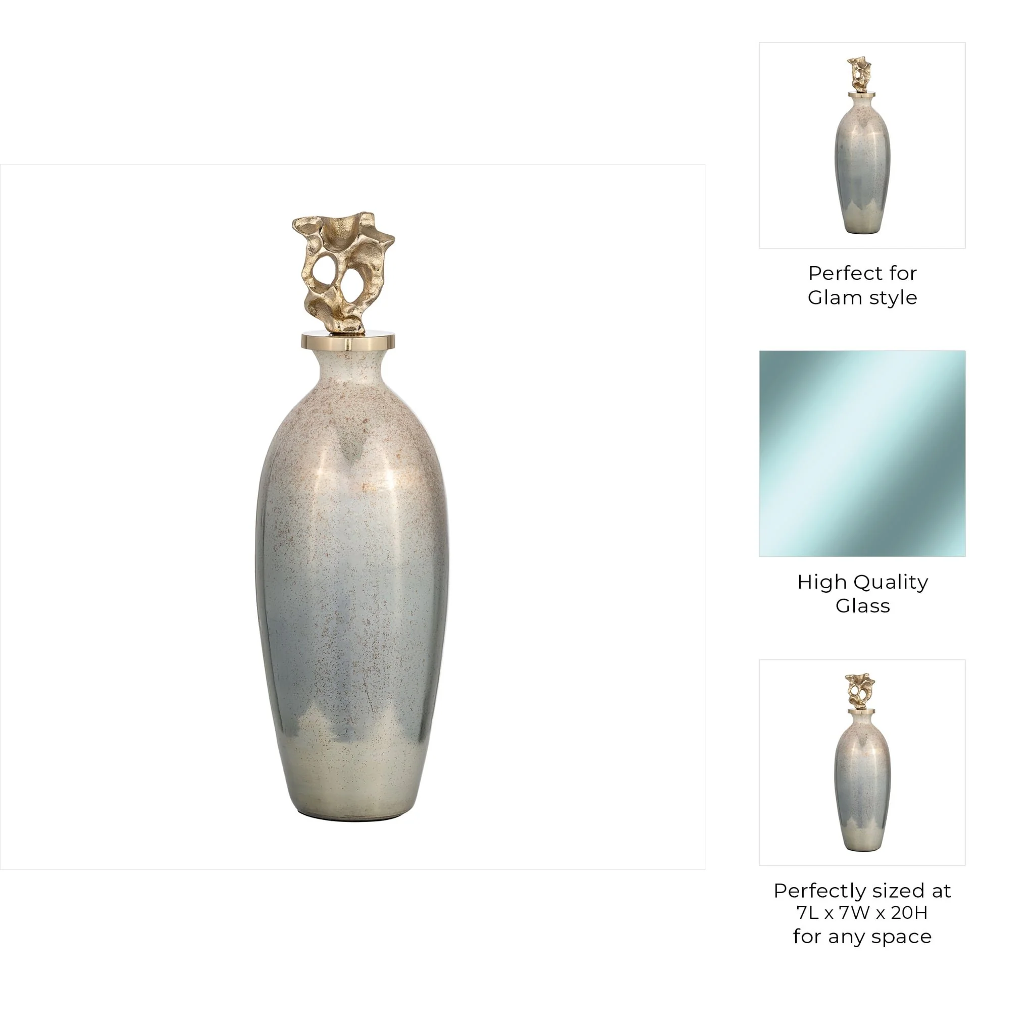 Glass, 20"h Metal Vase Tribal Topper,  Gold - Image 9