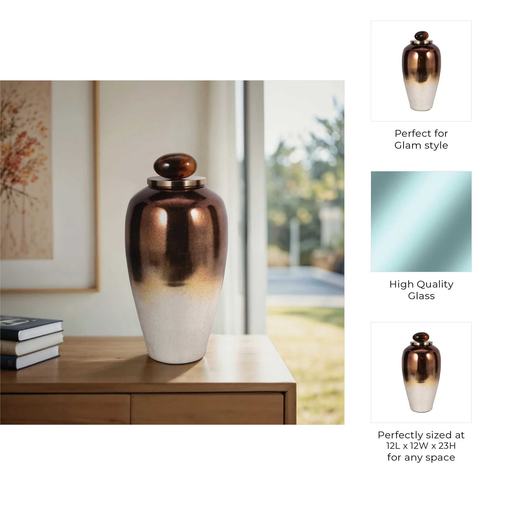 Glass, 23" Temple Vase W/ Resin Topper, Copper - Image 8