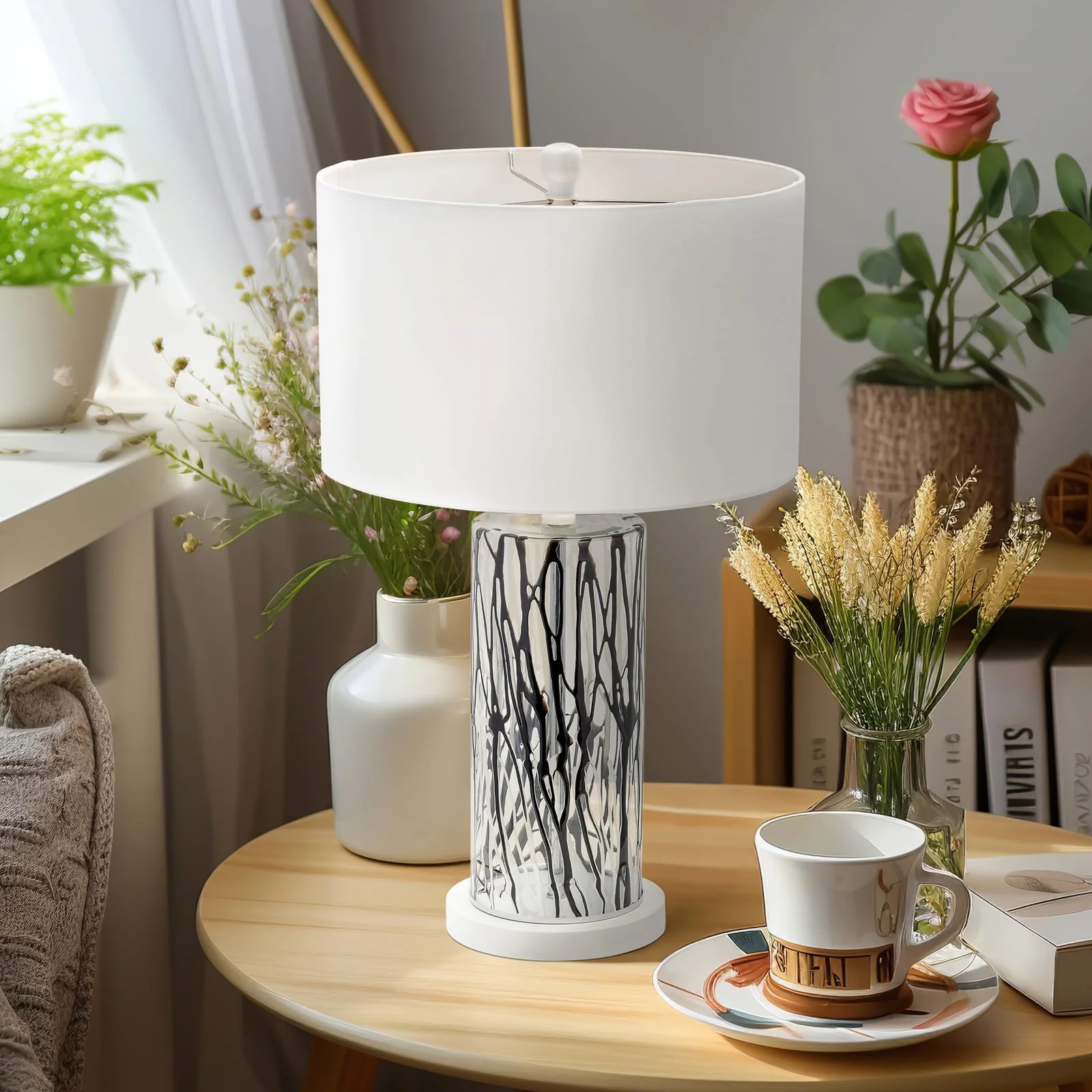 Glass, 25" Streaked Table Lamp, Black/white - Image 8