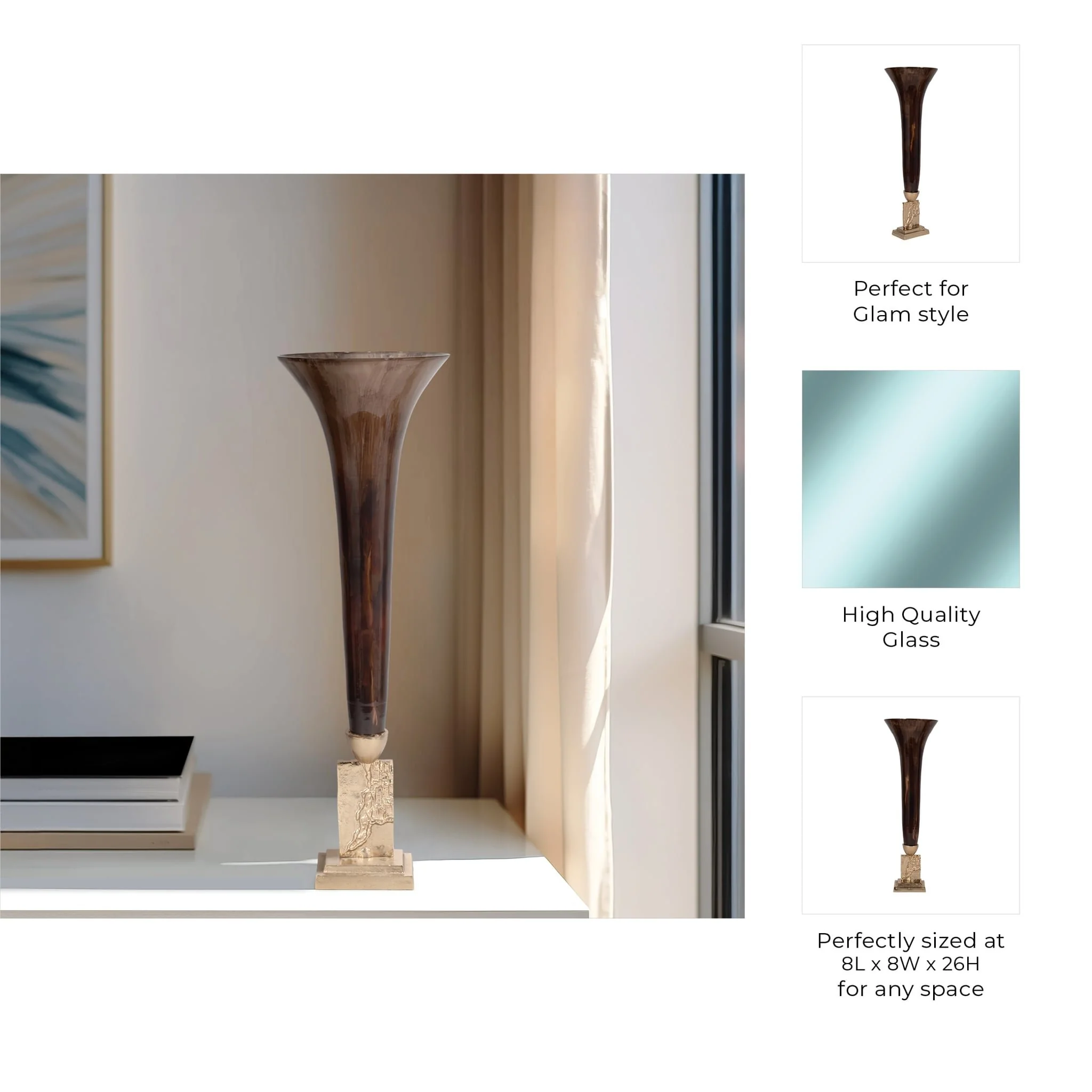 Glass, 26" Trumpet Vase, Bronze - Image 9