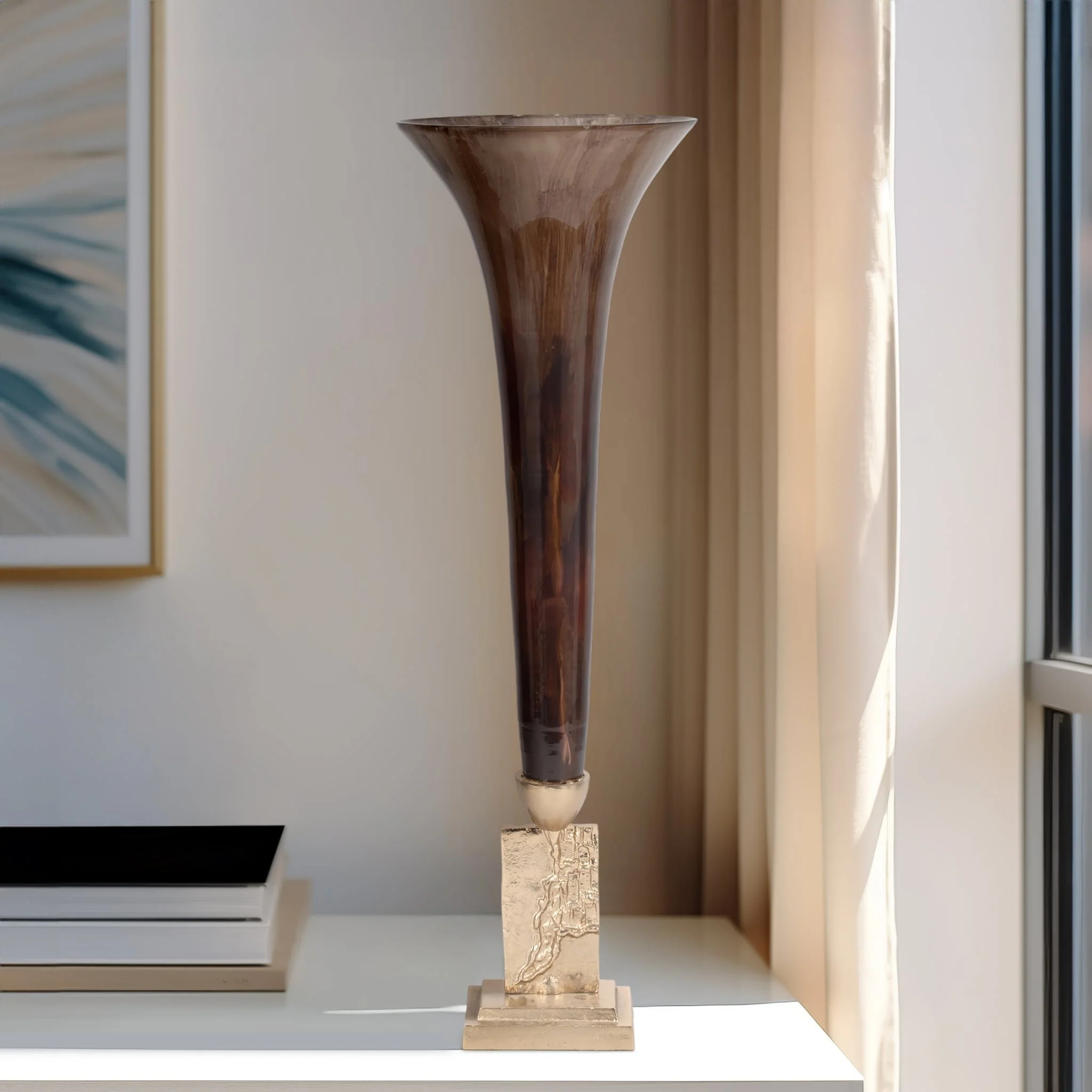 Glass, 31" Trumpet Vase, Bronze - Image 10