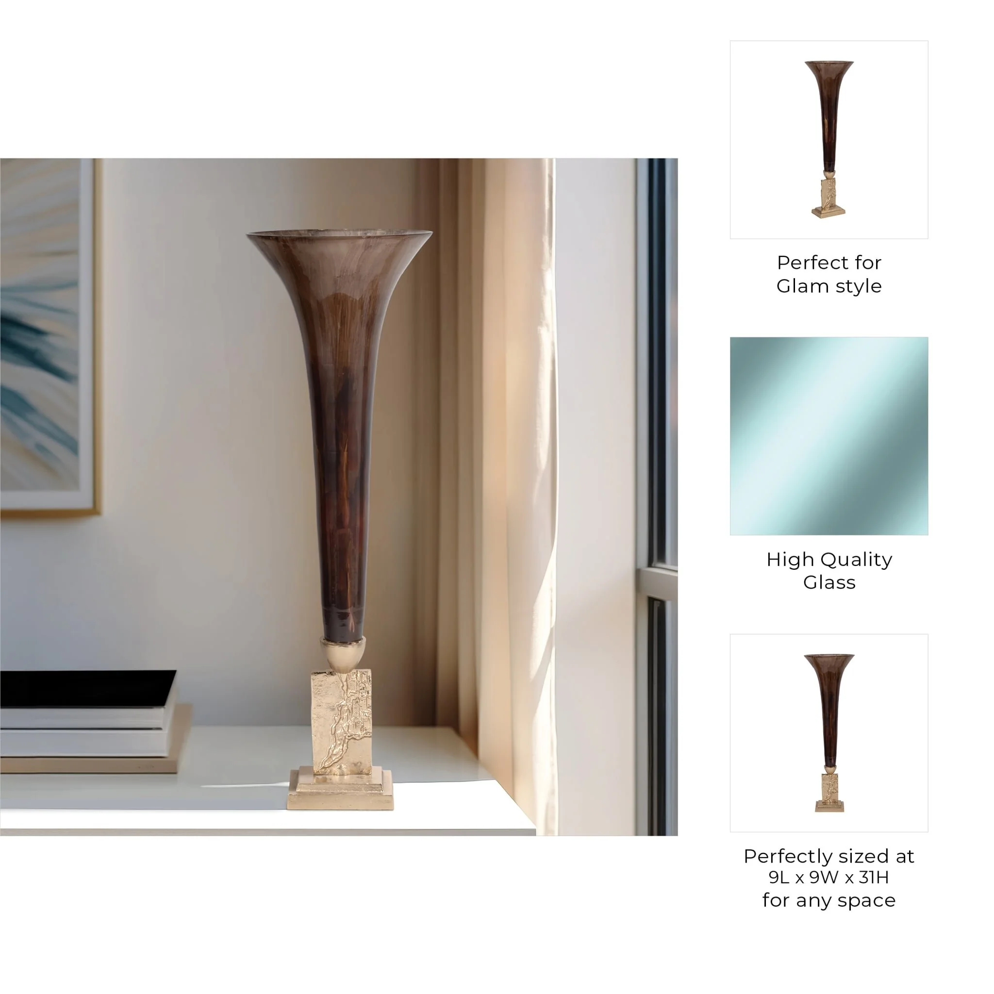 Glass, 31" Trumpet Vase, Bronze - Image 9