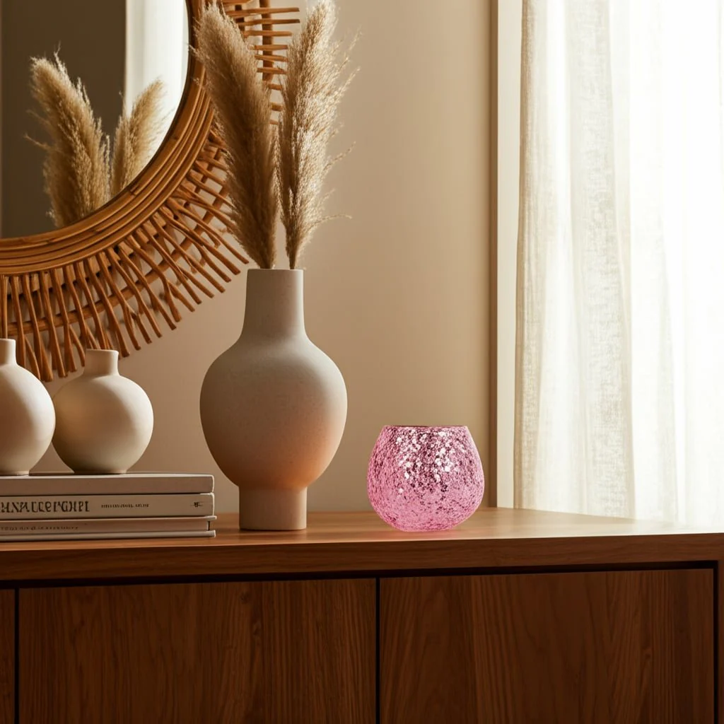 Glass, 5" 17 Oz Crackled Scented Candle, Pink - Image 12